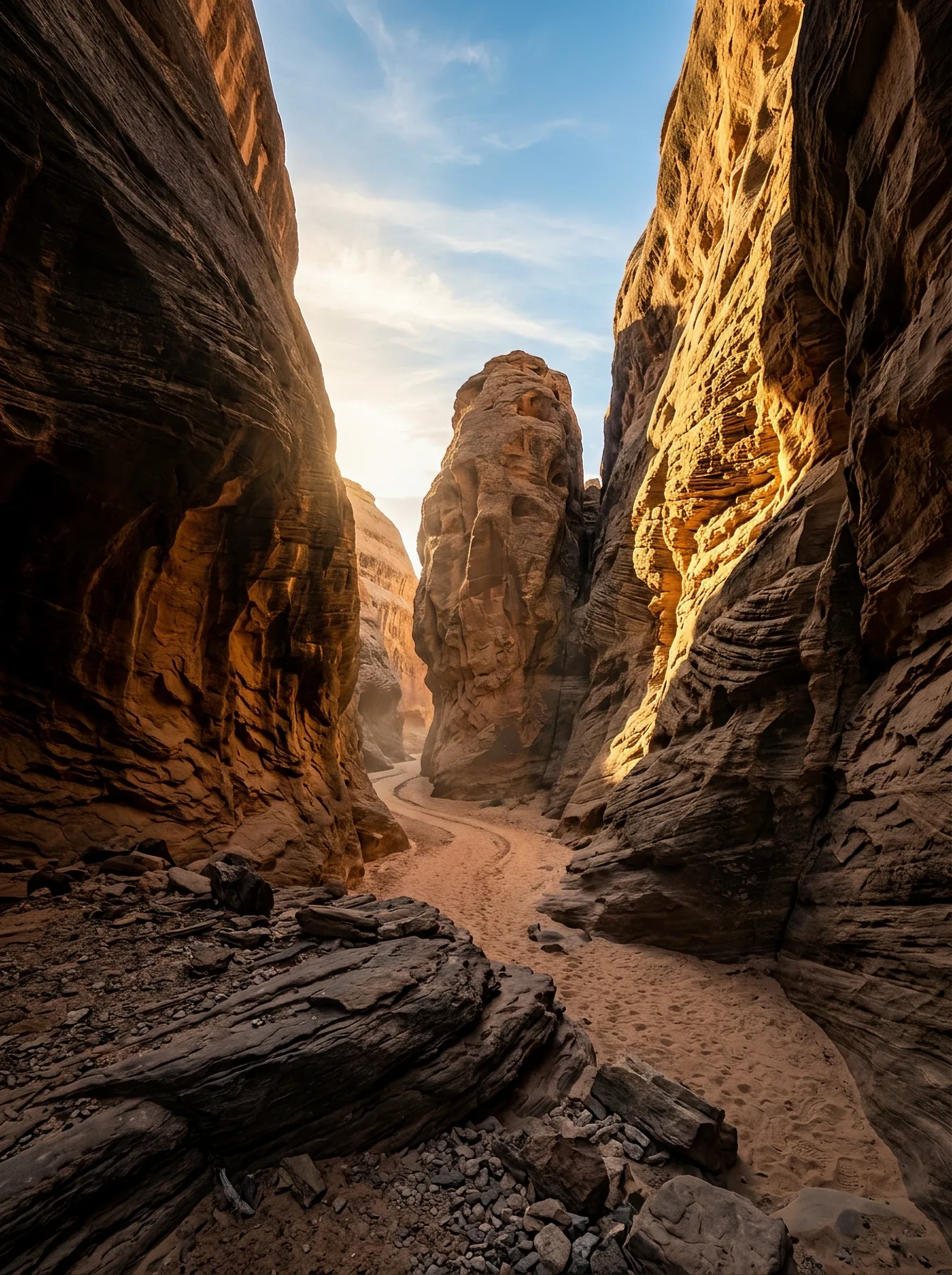 Towering sandstone cliffs form a narrow desert slot canyon, their eroded vertical walls converging toward a w… - AI提示词参考图，来自西西提示词