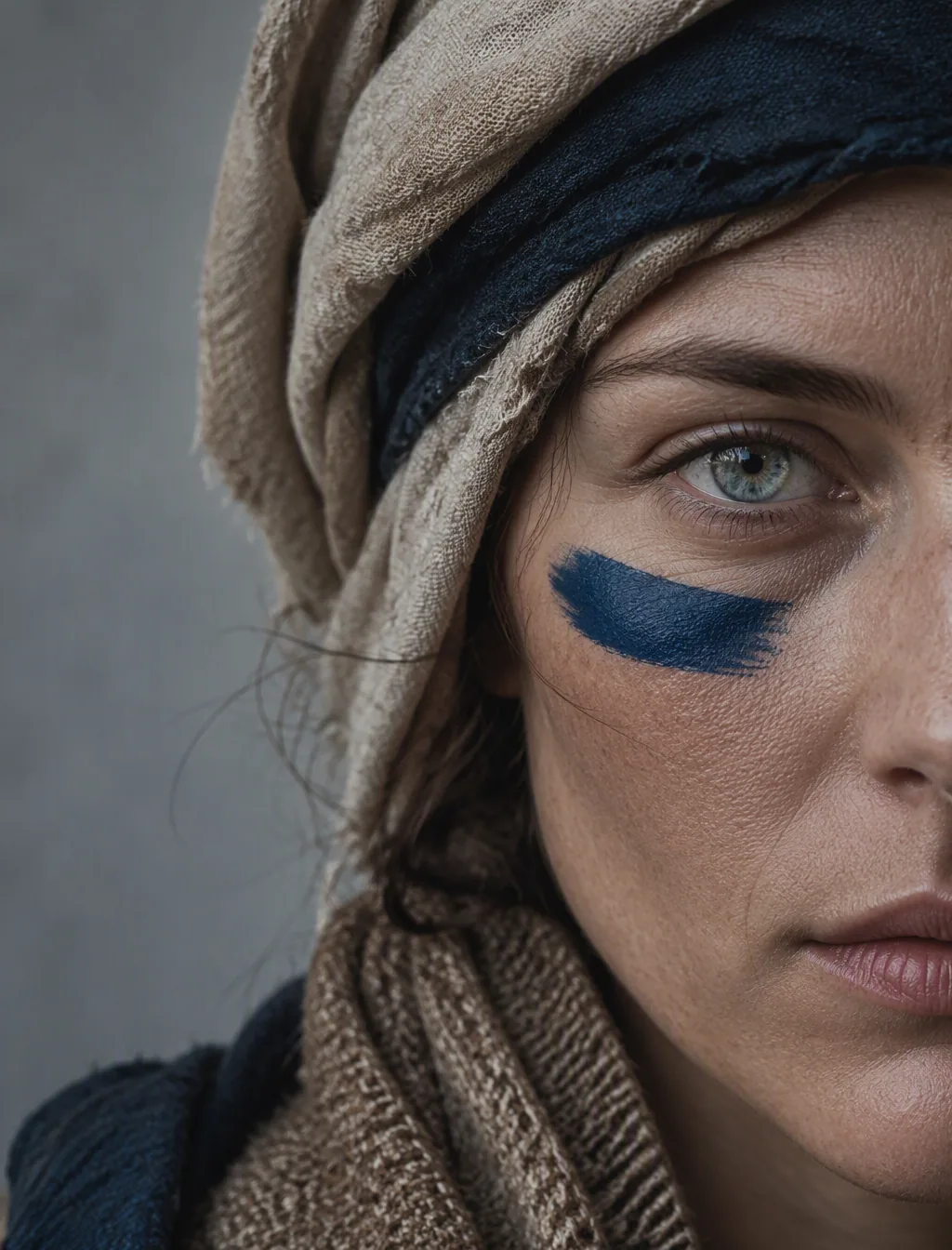 A dramatic ultra-realistic portrait of a woman shown in extreme close-up, only half of her face visible. Her … - AI提示词参考图，来自西西提示词