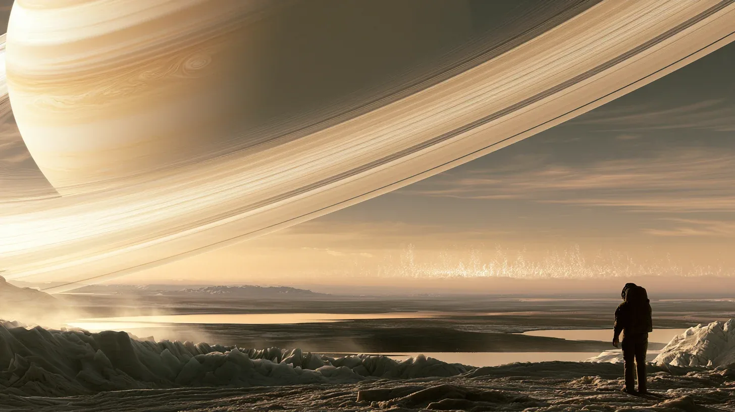 Fotografía cinematográfica hiperrealista de un astronauta solitario de pie en la superficie de metano helado … - AI提示词参考图，来自西西提示词