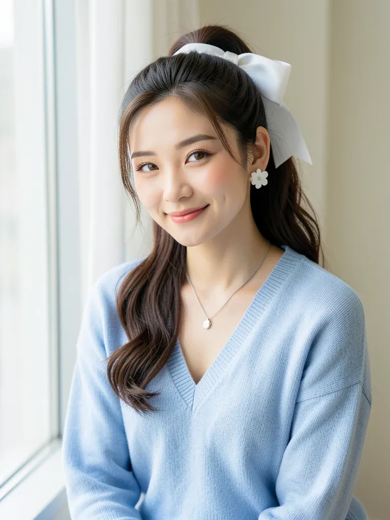 超高画質 8K HDR ラグュジュアリーライフスタイルポートレート。22歳から26歳の美しい東アジア人女性。顔立ち、髪型、表情、スタイリングを忠実に再現。柔らかな卵型の輪郭、輝くキャッチライトが入った大きなアーモンド型… - AI prompt reference from CC Prompt Galaxy