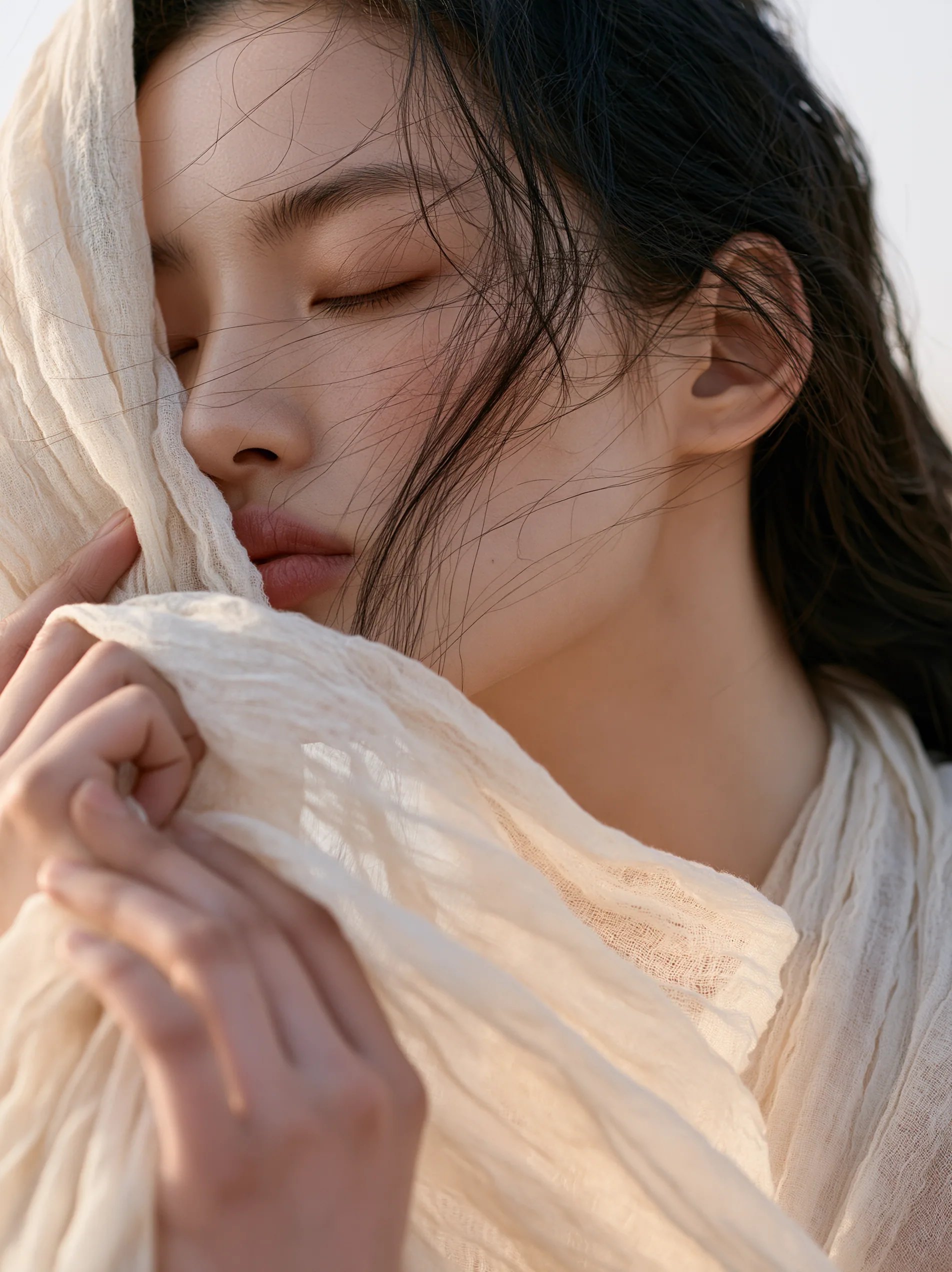 An Asian female model, minimalistic shot in Fusion Desert style. She thoughtfully examines a piece of premium… - AI prompt reference from CC Prompt Galaxy