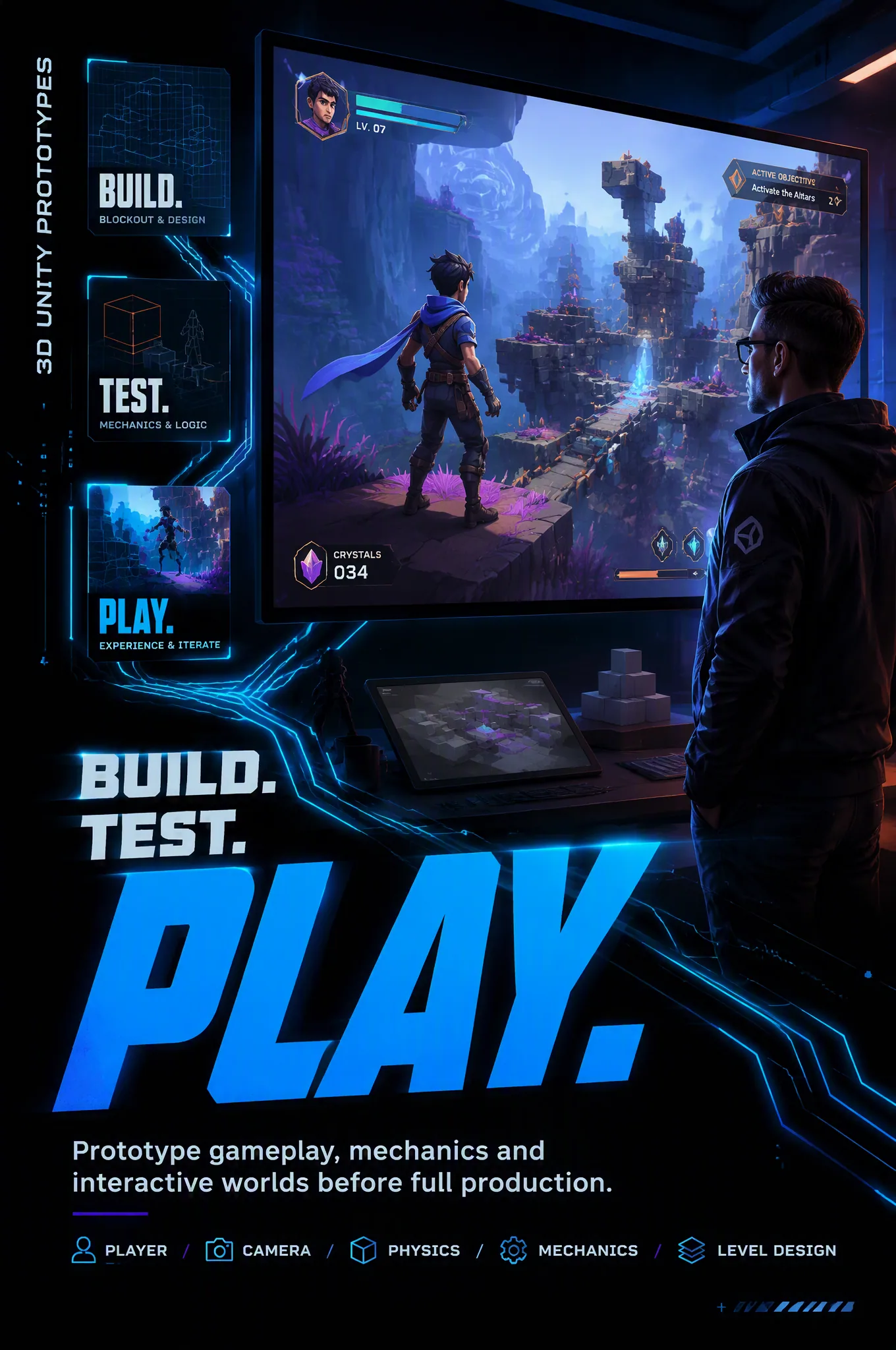 Create a cinematic 2:3 vertical advertising visual promoting 3D Unity Game Development and Interactive Game P… - AI提示词参考图，来自西西提示词