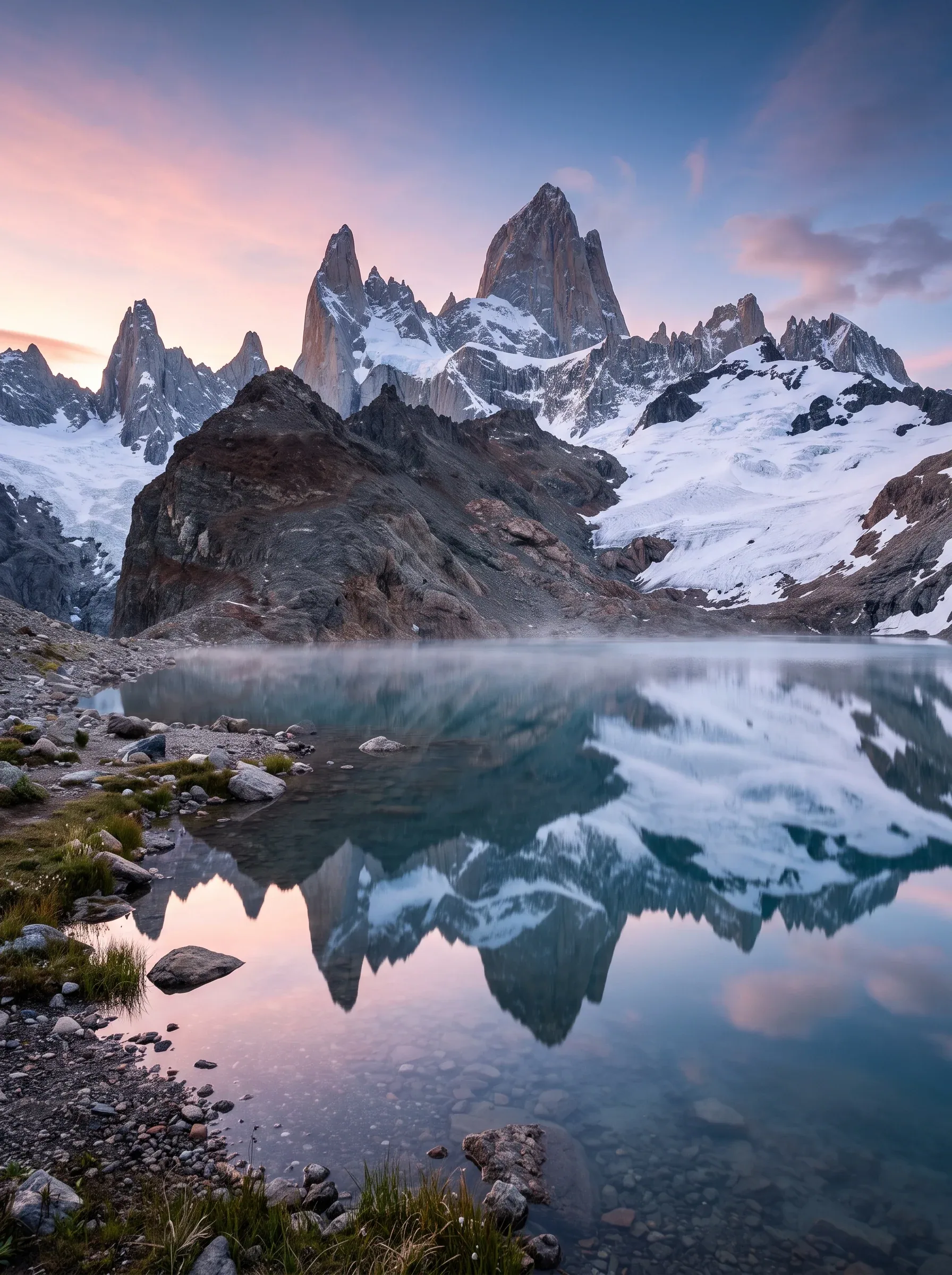Jagged, towering snow-capped mountain peaks rising sharply against a vast horizon, pristine alpine lake in th… - AI提示词参考图，来自西西提示词