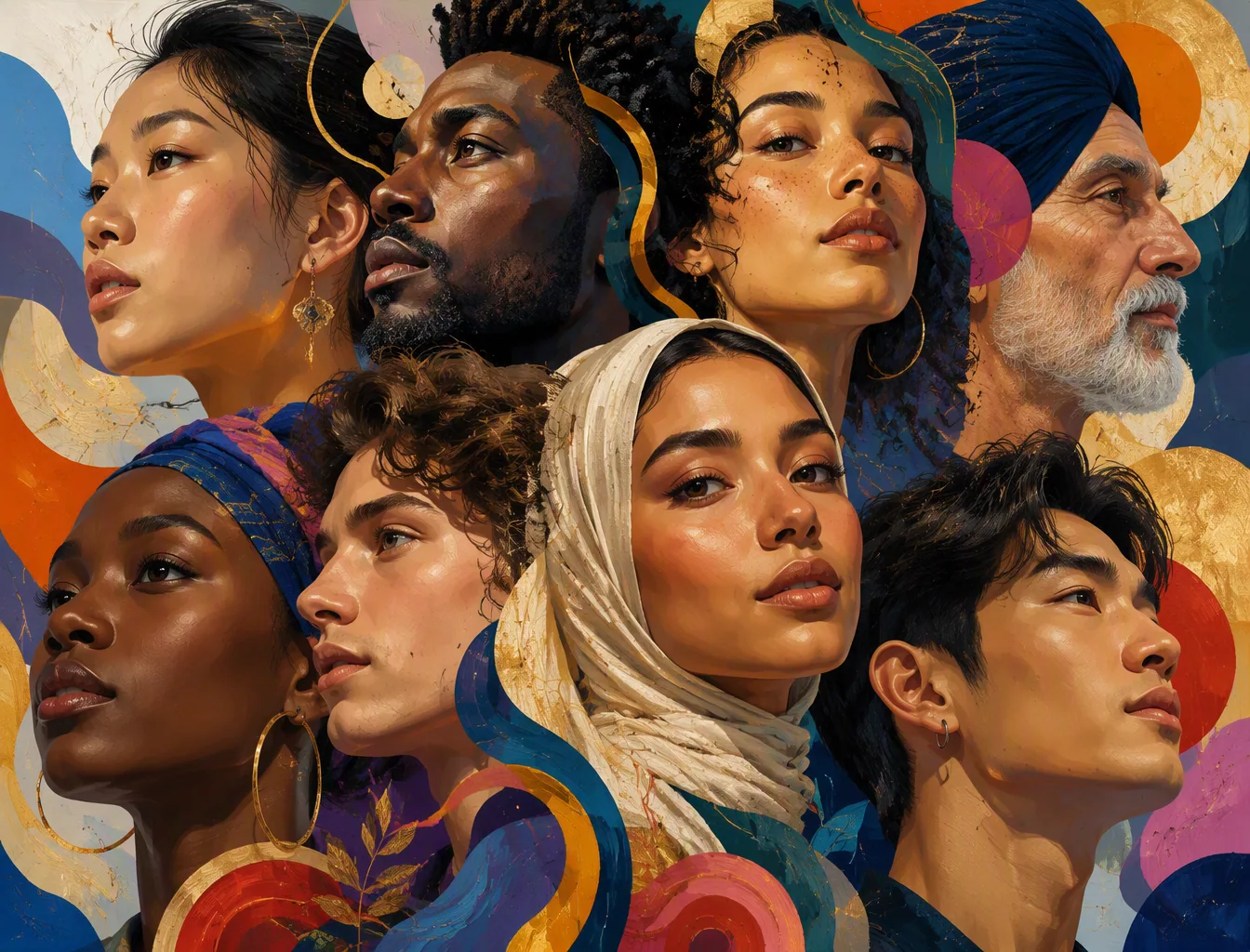 A collage of diverse faces, rendered in a vibrant, almost painterly style, is presented in a dynamic composit… - AI提示词参考图，来自西西提示词