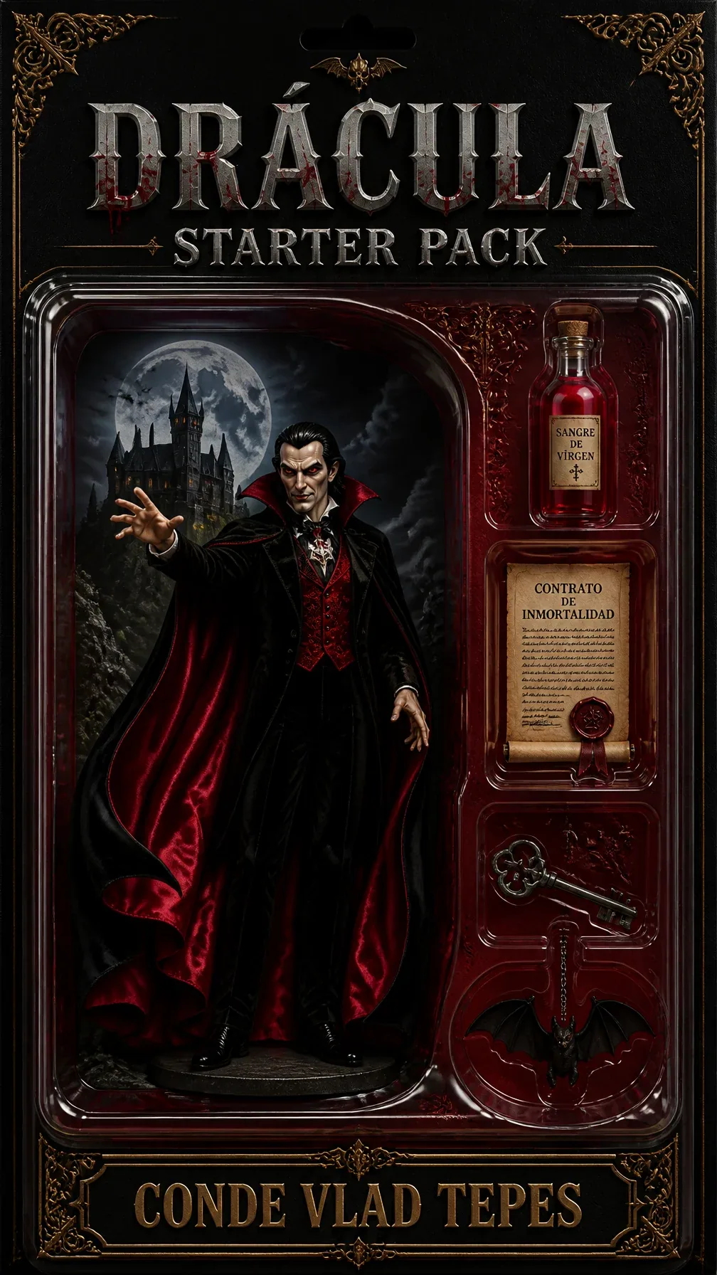 Переведи на русский язык этот промт: Crea una imagen en estilo de empaque para un 'Starter Pack' de Drácula, … - AI提示词参考图，来自西西提示词