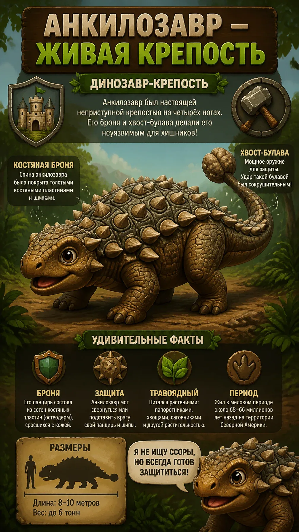Анкилозавр — Живая крепостьИнфографика «Динозавр-крепость». Милый анкилозавр показывает бронированную спину и… - AI提示词参考图，来自西西提示词