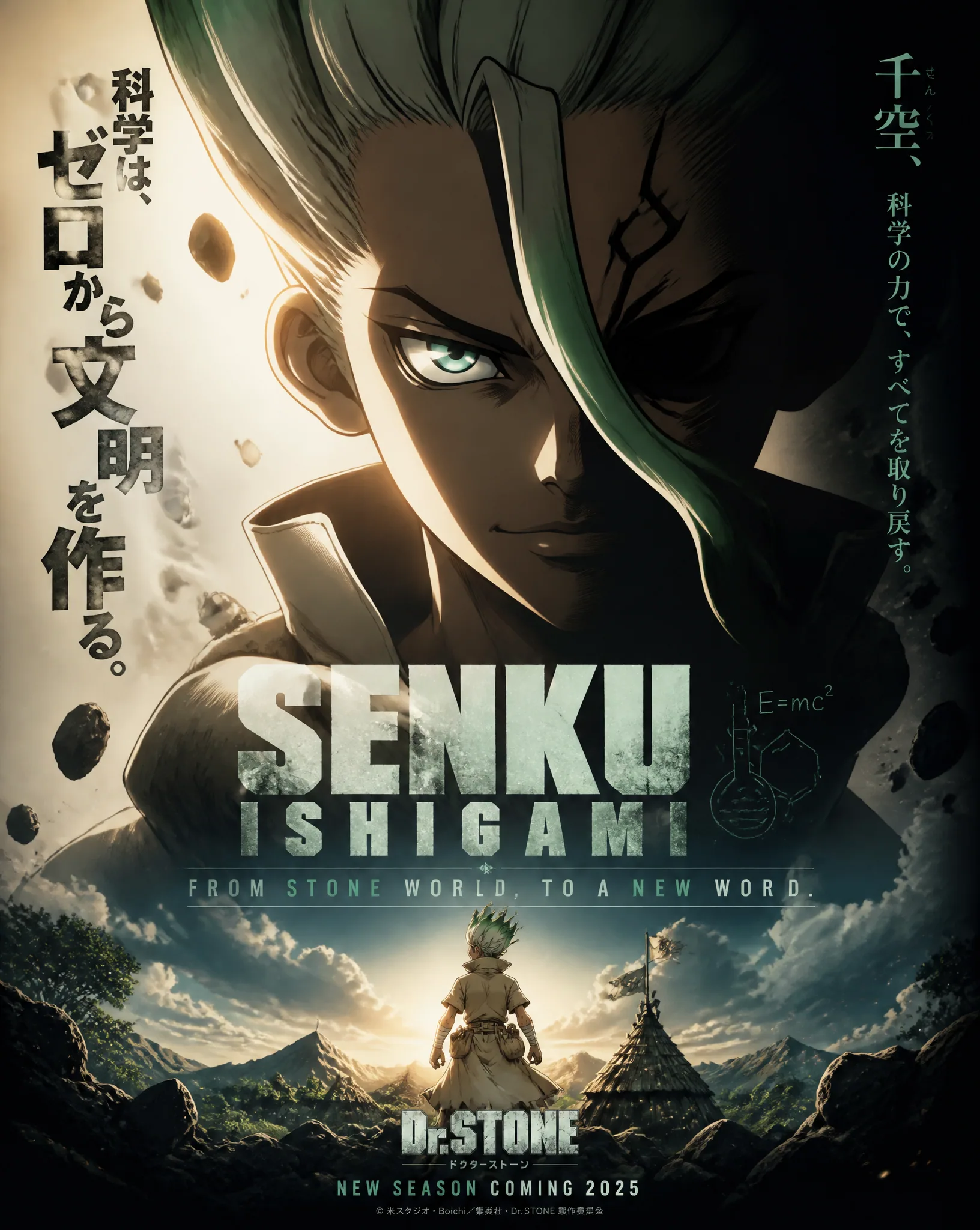 Design a promotional poster for a character inspired by the Dr. Stone series, with a vertical layout suitable… - AI提示词参考图，来自西西提示词
