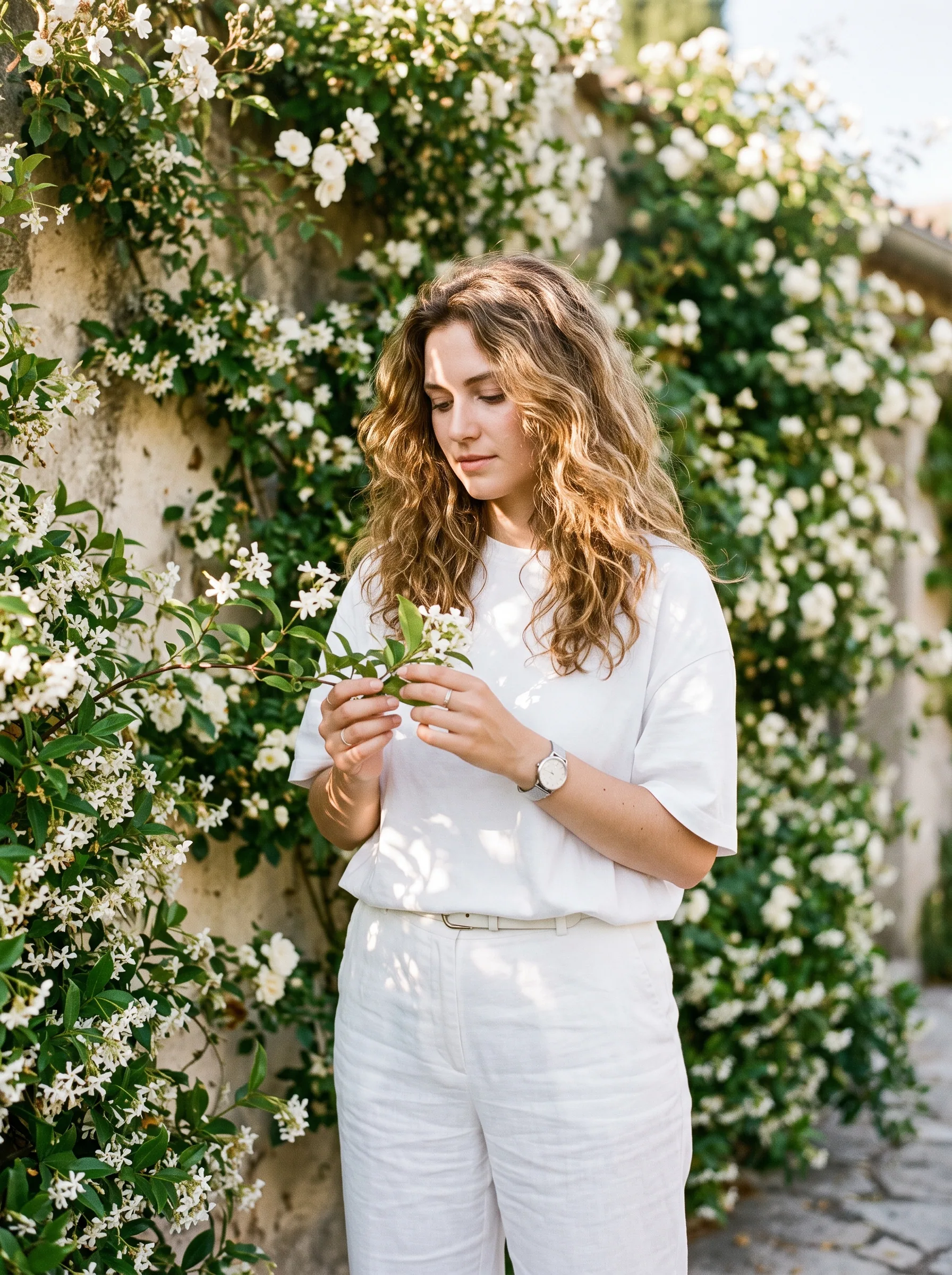 A young woman with wavy brown hair stands in front of a textured wall covered in blooming white flowers.Subje… - AI提示词参考图，来自西西提示词