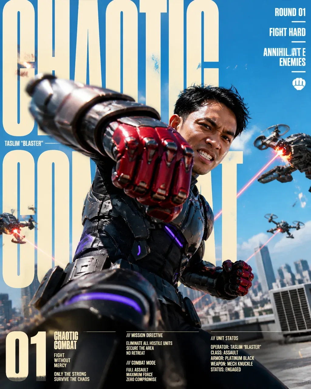 Create a 4:5 full-bleed editorial action poster for CHAOTIC COMBAT. The brand’s visual identity follows these… - AI prompt reference from CC Prompt Galaxy