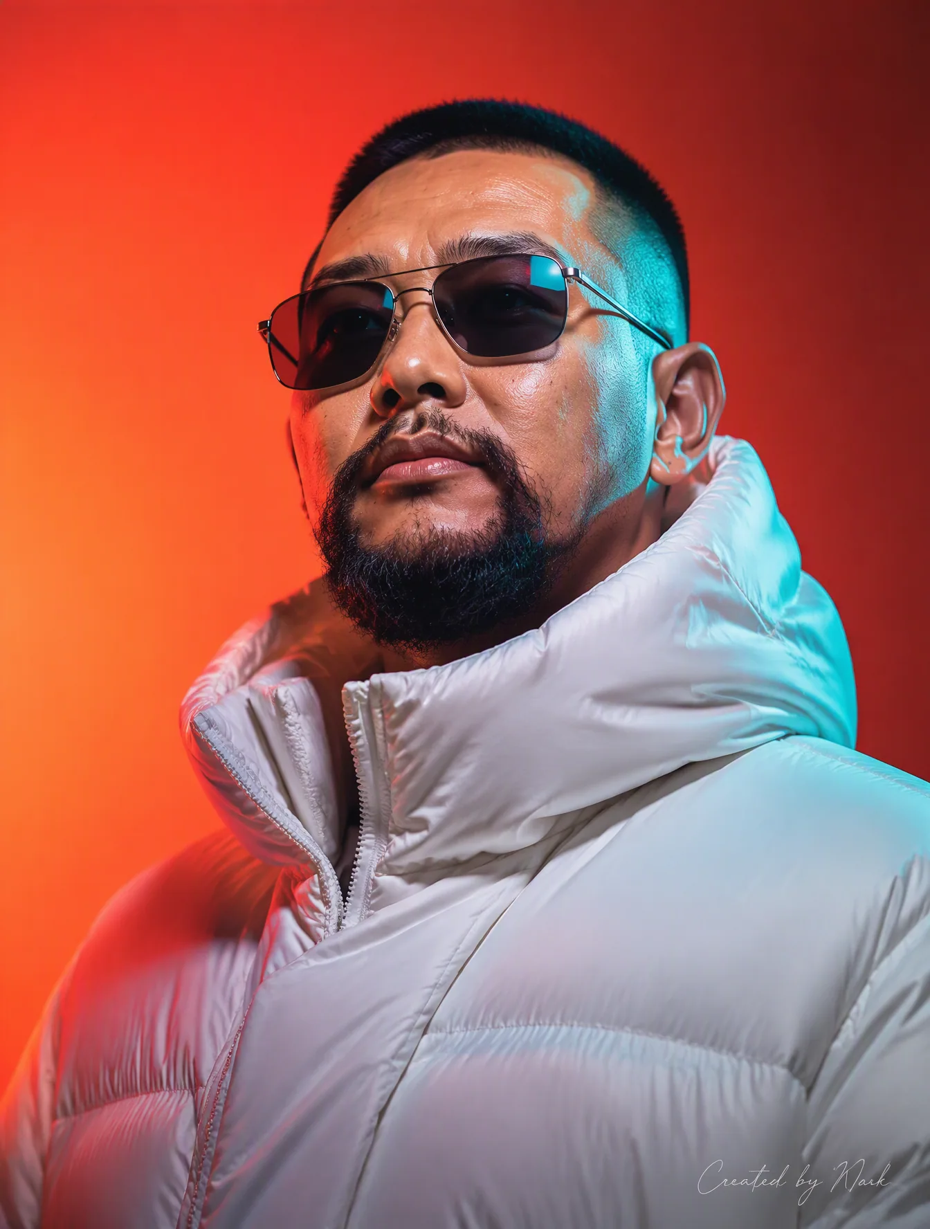 Create an ultra-photorealistic cinematic portrait of a man viewed from a slightly low angle looking upward wi… - AI prompt reference from CC Prompt Galaxy