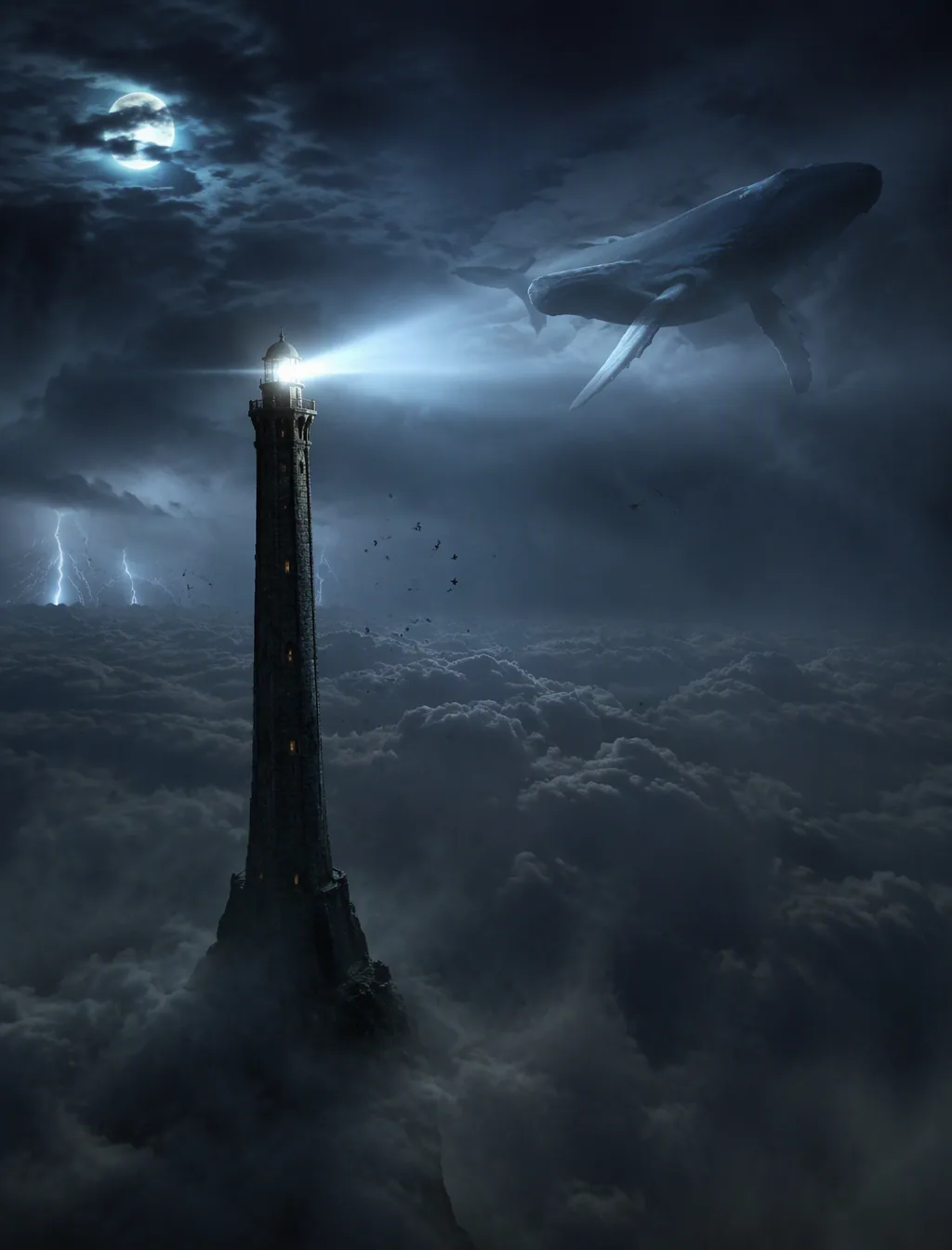 A colossal ancient lighthouse rising from a tiny rocky island in the middle of an endless ocean of clouds at … - AI提示词参考图，来自西西提示词