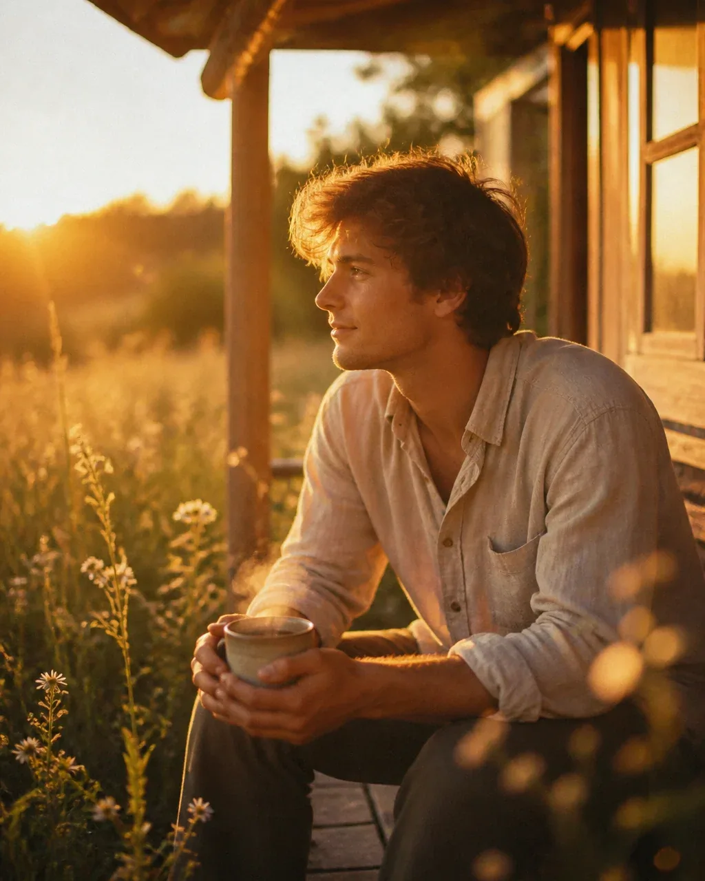 Warm candid lifestyle photograph of a young man in a soft beige linen shirt sitting on a wooden porch at gold… - AI提示词参考图，来自西西提示词