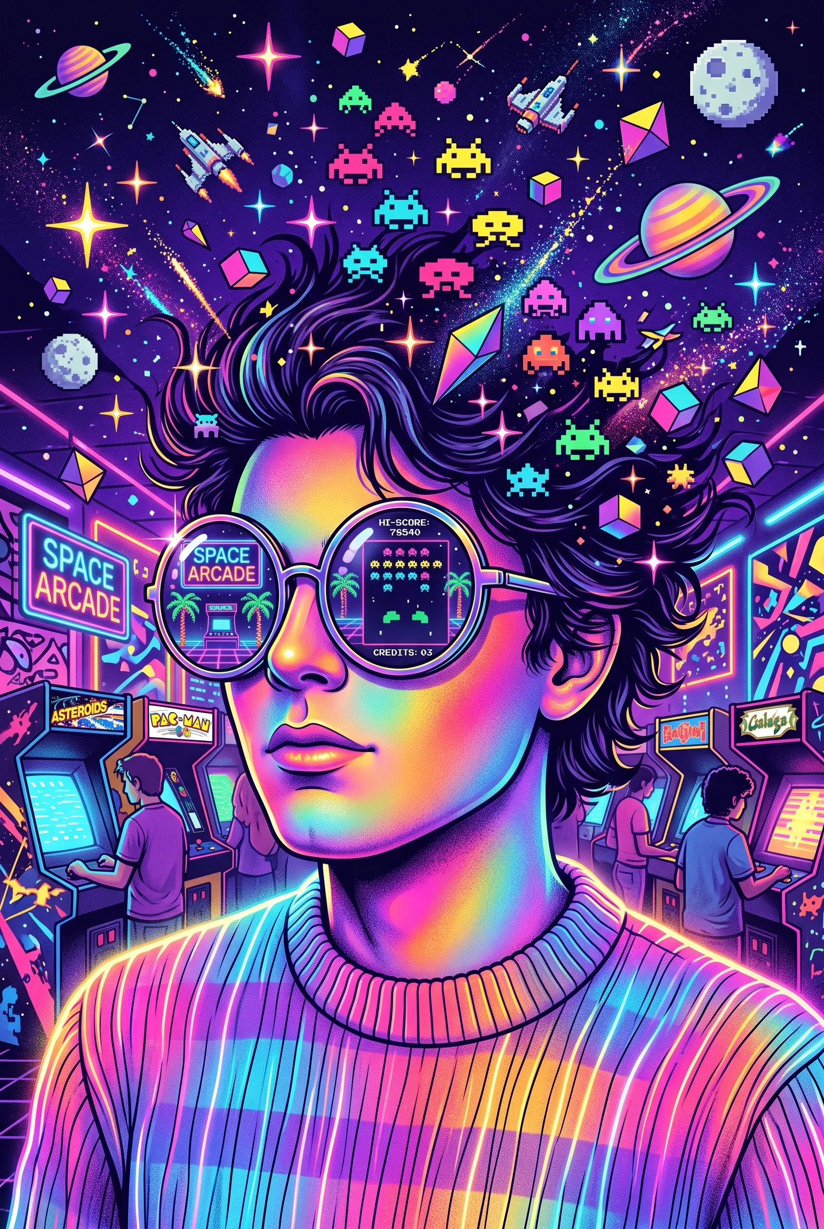 A mind-bending, psychedelic 80s arcade illustration centered around a person wearing oversized, reflective ro… - AI prompt reference from CC Prompt Galaxy