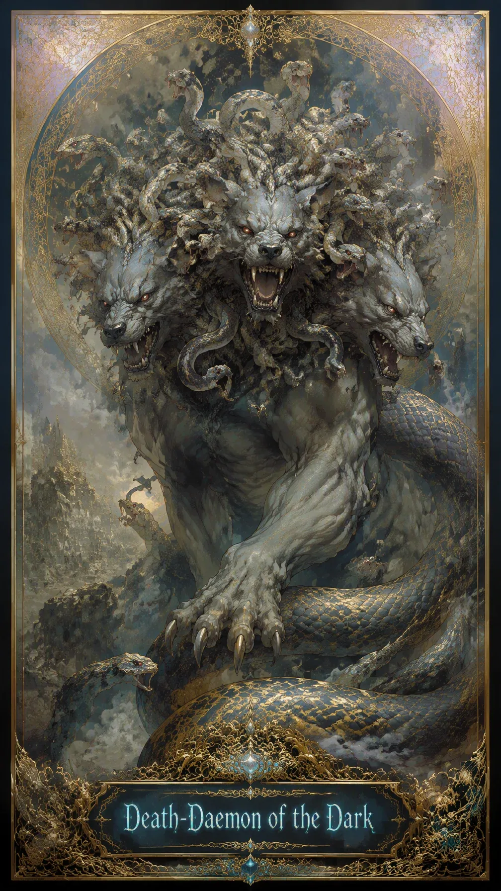 A breathtaking, hyperrealist digital illustration of an anime-inspired depiction of KERBEROS (Cerberus), the … - AI提示词参考图，来自西西提示词