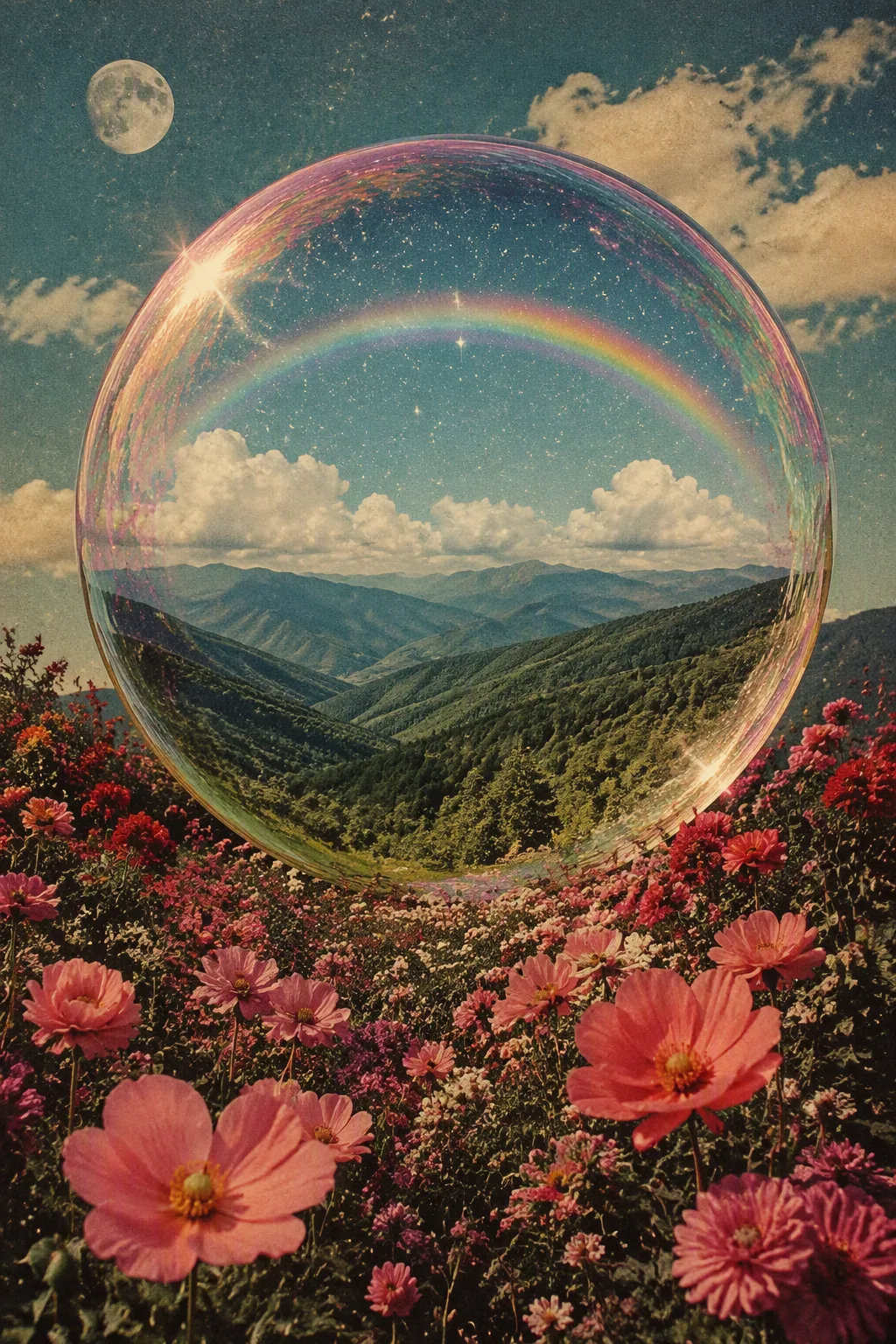 A surreal landscape collage features a large, iridescent bubble in the center, containing a view of rolling, … - AI提示词参考图，来自西西提示词