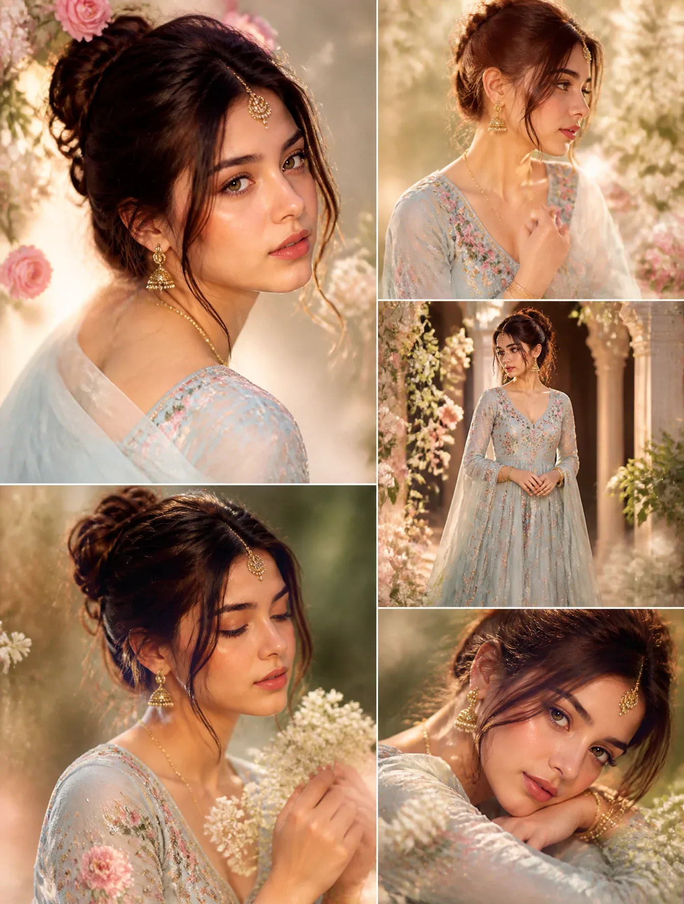 Create a dreamy aesthetic portrait collage of a beautiful young Indian girl wearing a soft pastel baby-blue f… - AI提示词参考图，来自西西提示词