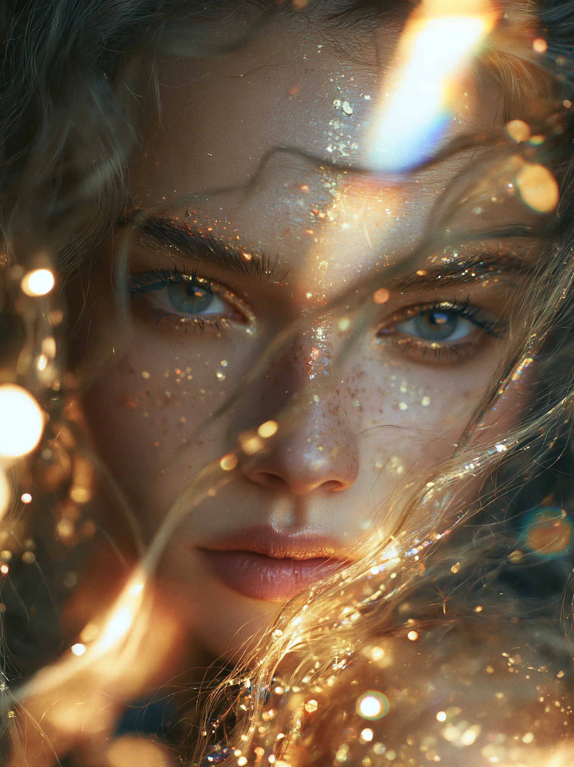 portrait photo a beautiful fairy woman with long curly hair, glowing cosmic particles, refraction light, surr… - AI prompt reference from CC Prompt Galaxy
