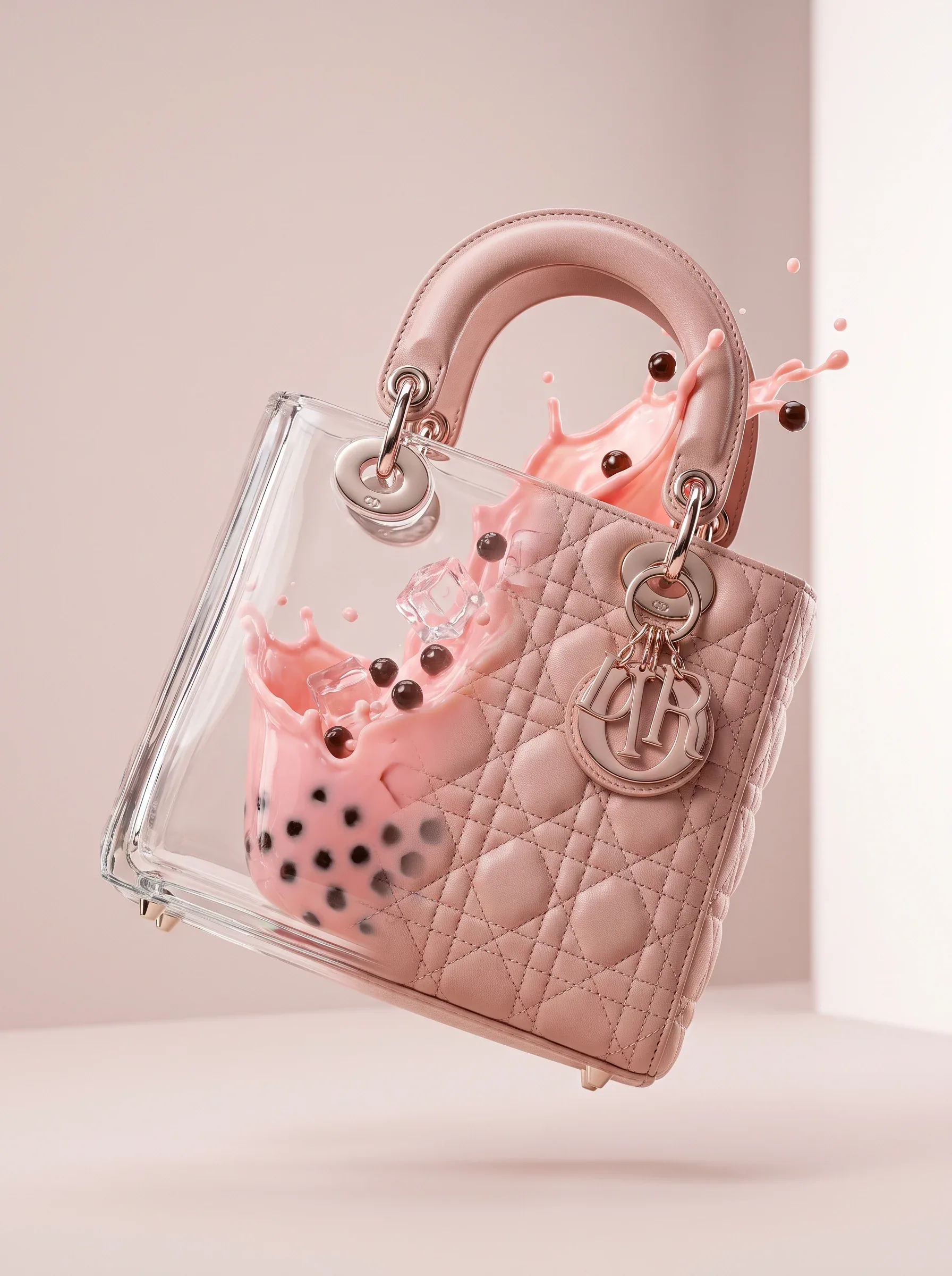 Объект и действие Роскошная сумка Lady Dior, плавно трансформирующаяся из прозрачного стекла в нежно-пудровую… - AI提示词参考图，来自西西提示词