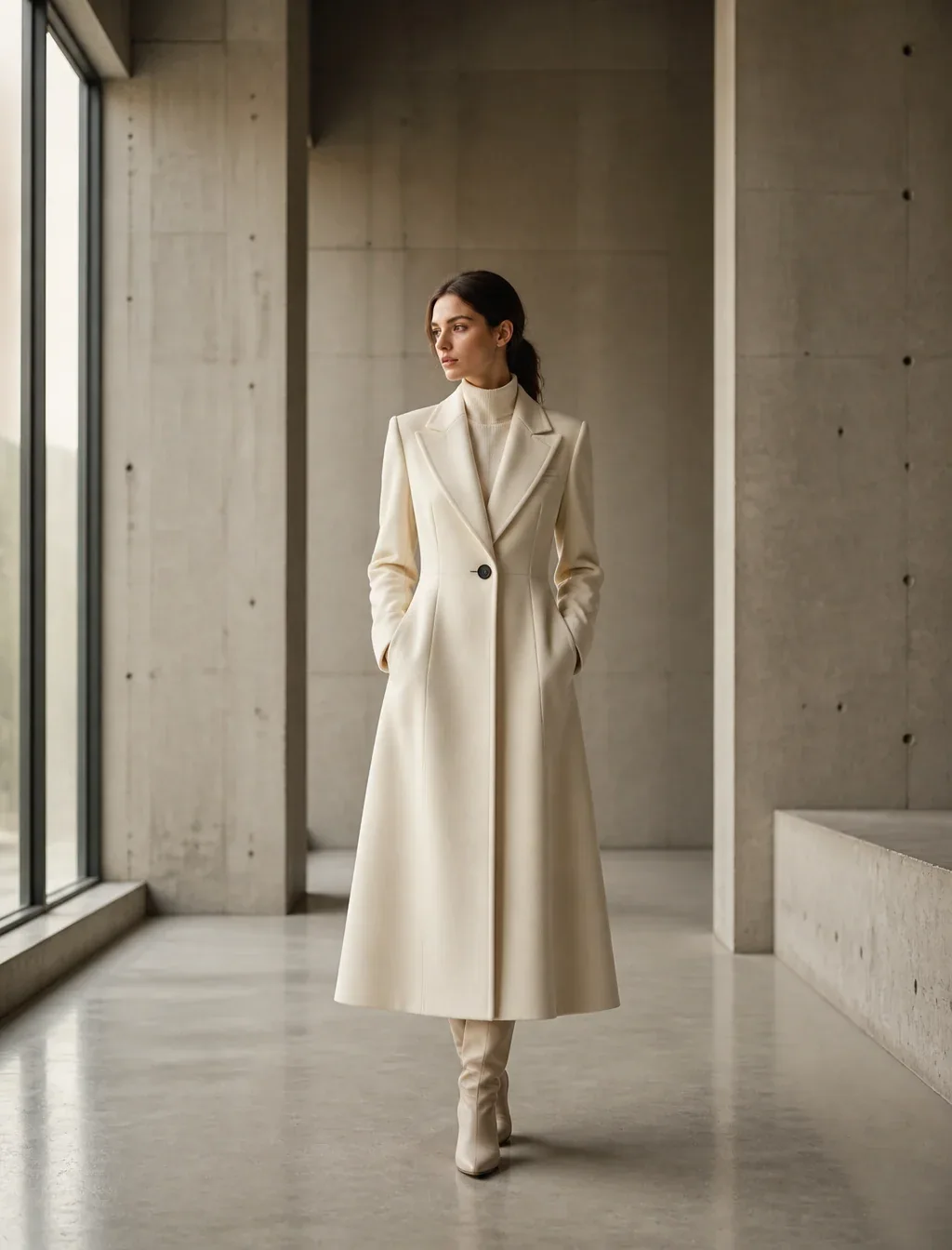 Full-body editorial fashion portrait of an elegant woman wearing a structured, tailored ivory wool coat with … - AI提示词参考图，来自西西提示词