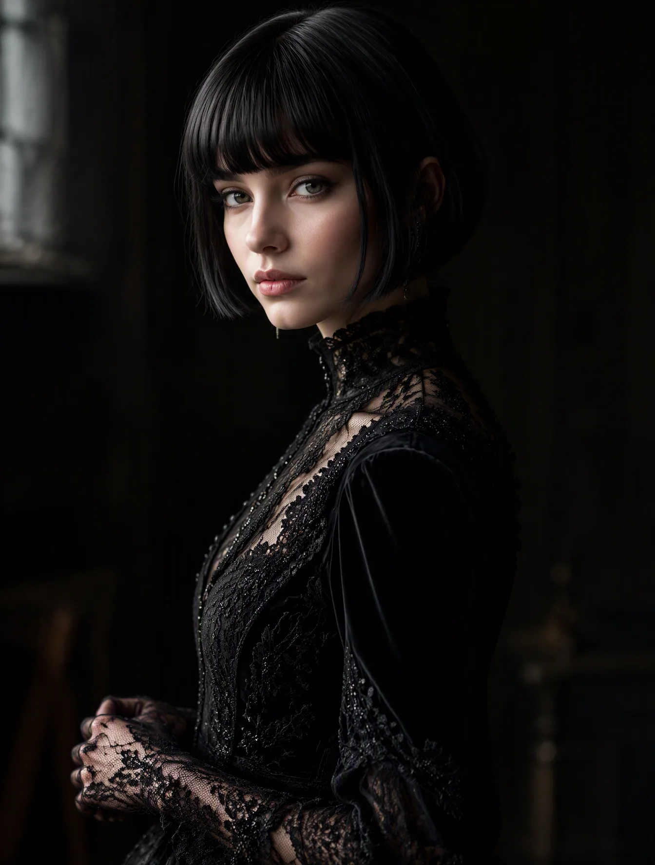A Fair skin tone young woman with a sleek black bob and blunt fringe stands in three-quarter profile, gazing … - AI提示词参考图，来自西西提示词