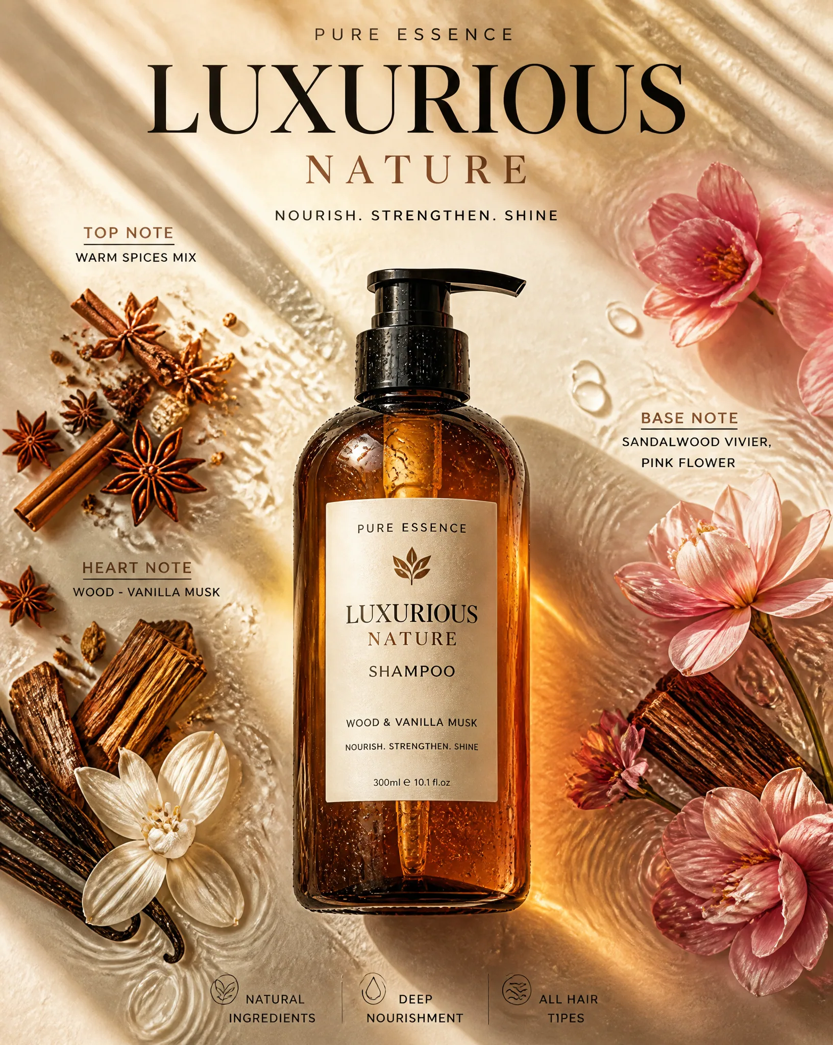 Editorial shampoo photography poster lay design . studio design set: Top note: warm spices mix, Heart note: w… - AI prompt reference from CC Prompt Galaxy