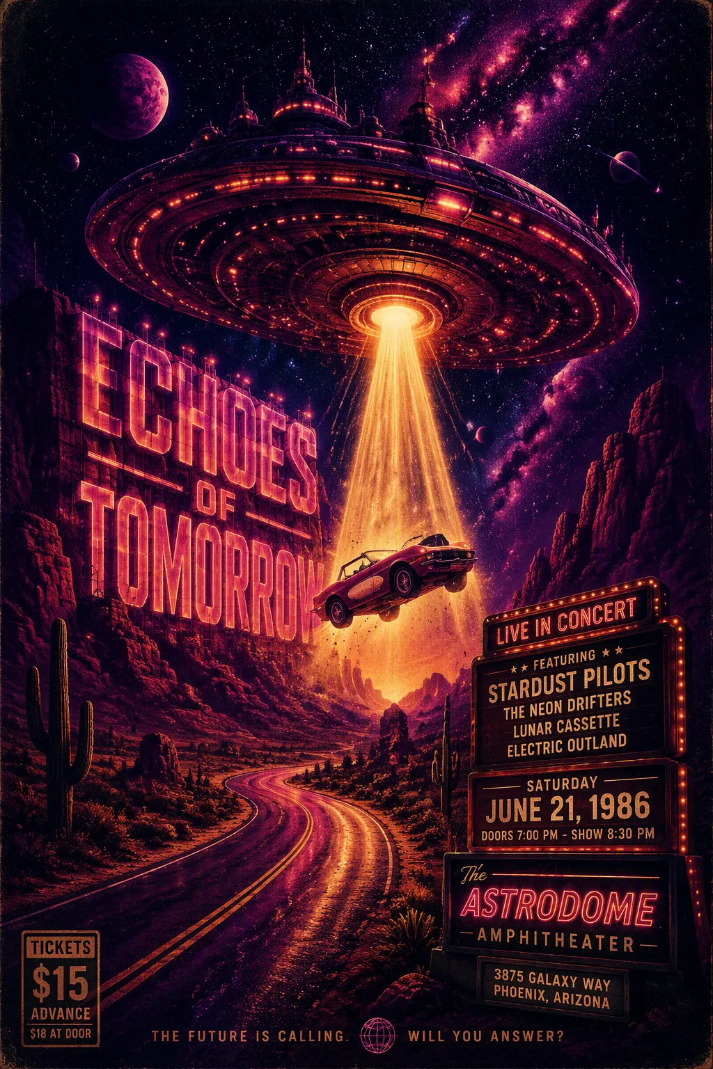 A dramatic, retro-futuristic concert poster featuring a giant, glowing neon space station hovering above a wi… - AI prompt reference from CC Prompt Galaxy