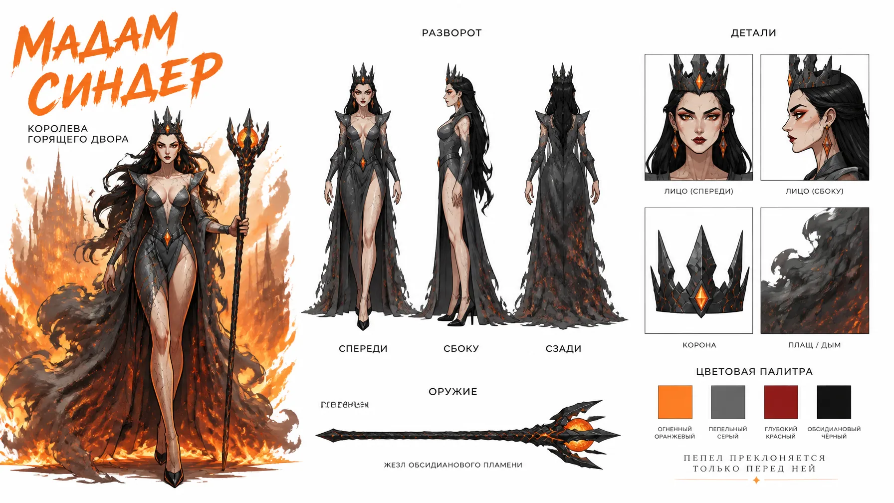 Create a premium cinematic character bible sheet for a villain named MADAME CINDER. Use the uploaded characte… - AI提示词参考图，来自西西提示词