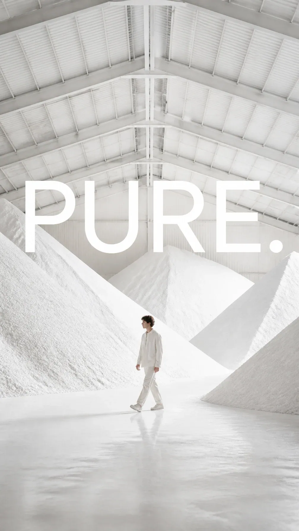 Premium editorial campaign.Main Subject: Young man inside a minimalist salt warehouse.Creative Direction: Bri… - AI提示词参考图，来自西西提示词