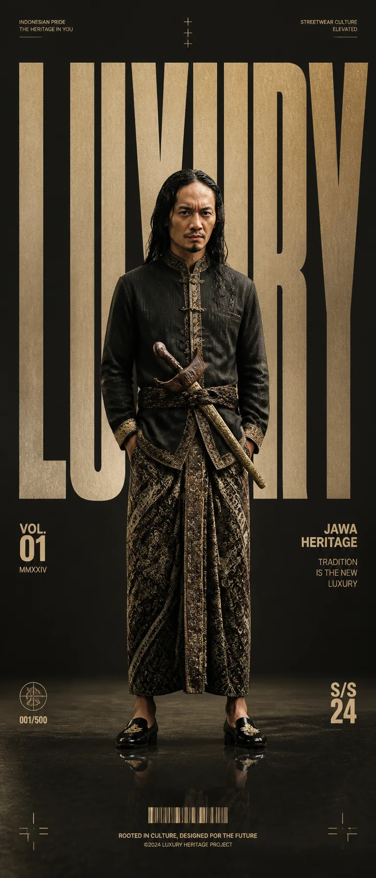 “Buat poster editorial fesyen kelas premium bertema ‘LUXURY’ dengan gaya majalah streetwear Indonesia yang me… - AI提示词参考图，来自西西提示词