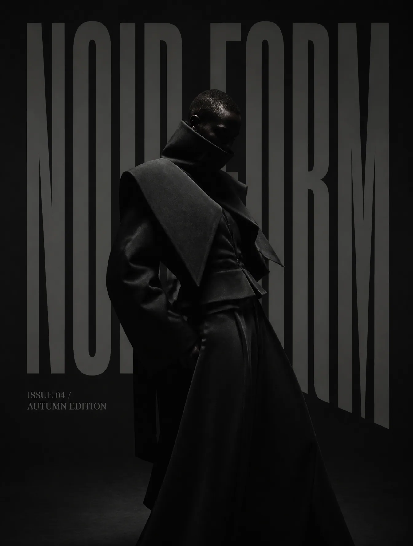 High-fashion editorial portrait inside an enormous brutalist black studio, model wearing an avant-garde sculp… - AI提示词参考图，来自西西提示词