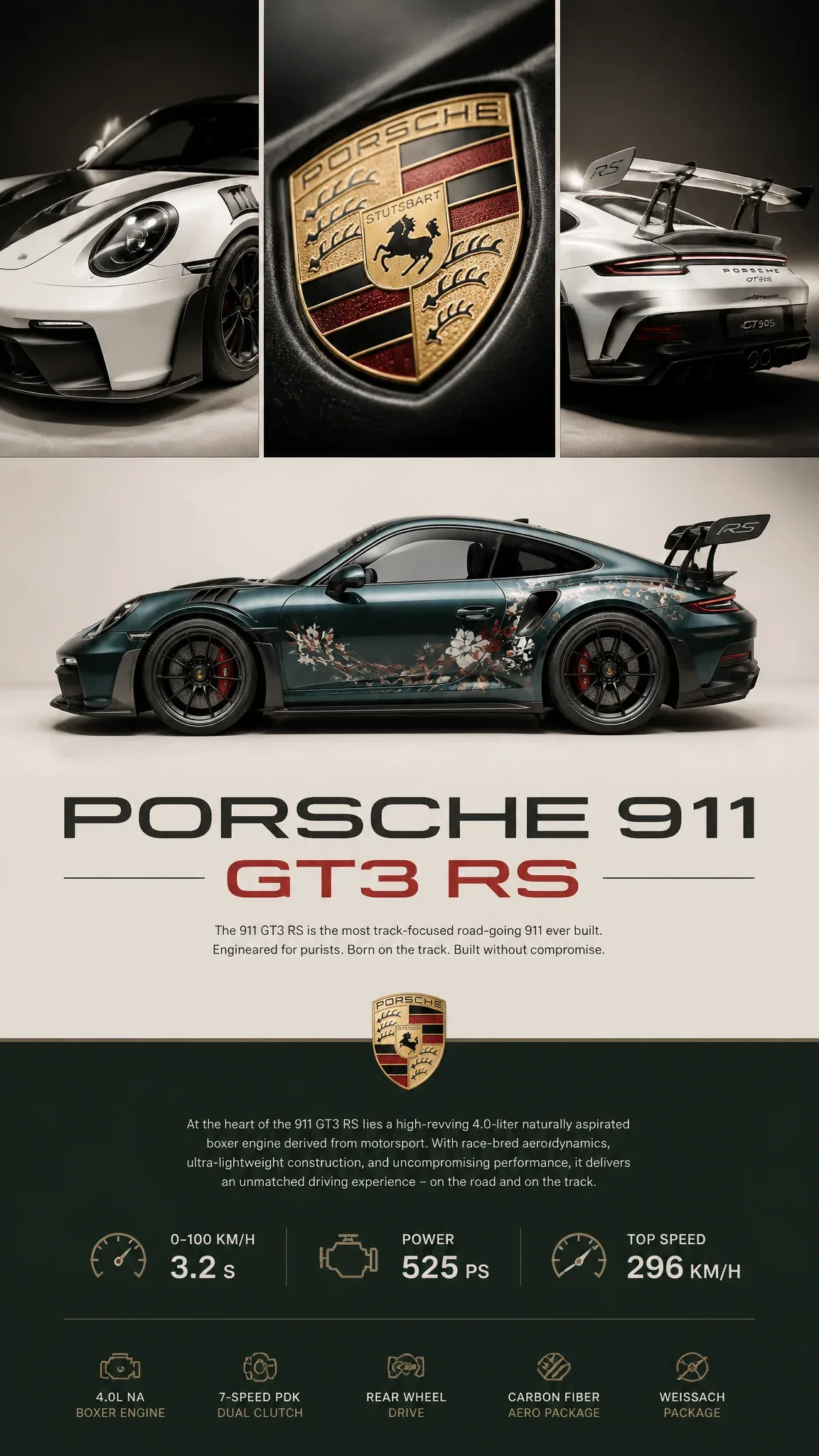 Ultra-premium automotive advertisement poster featuring a Porsche 911 GT3 RS in a luxury editorial layout. A … - AI提示词参考图，来自西西提示词