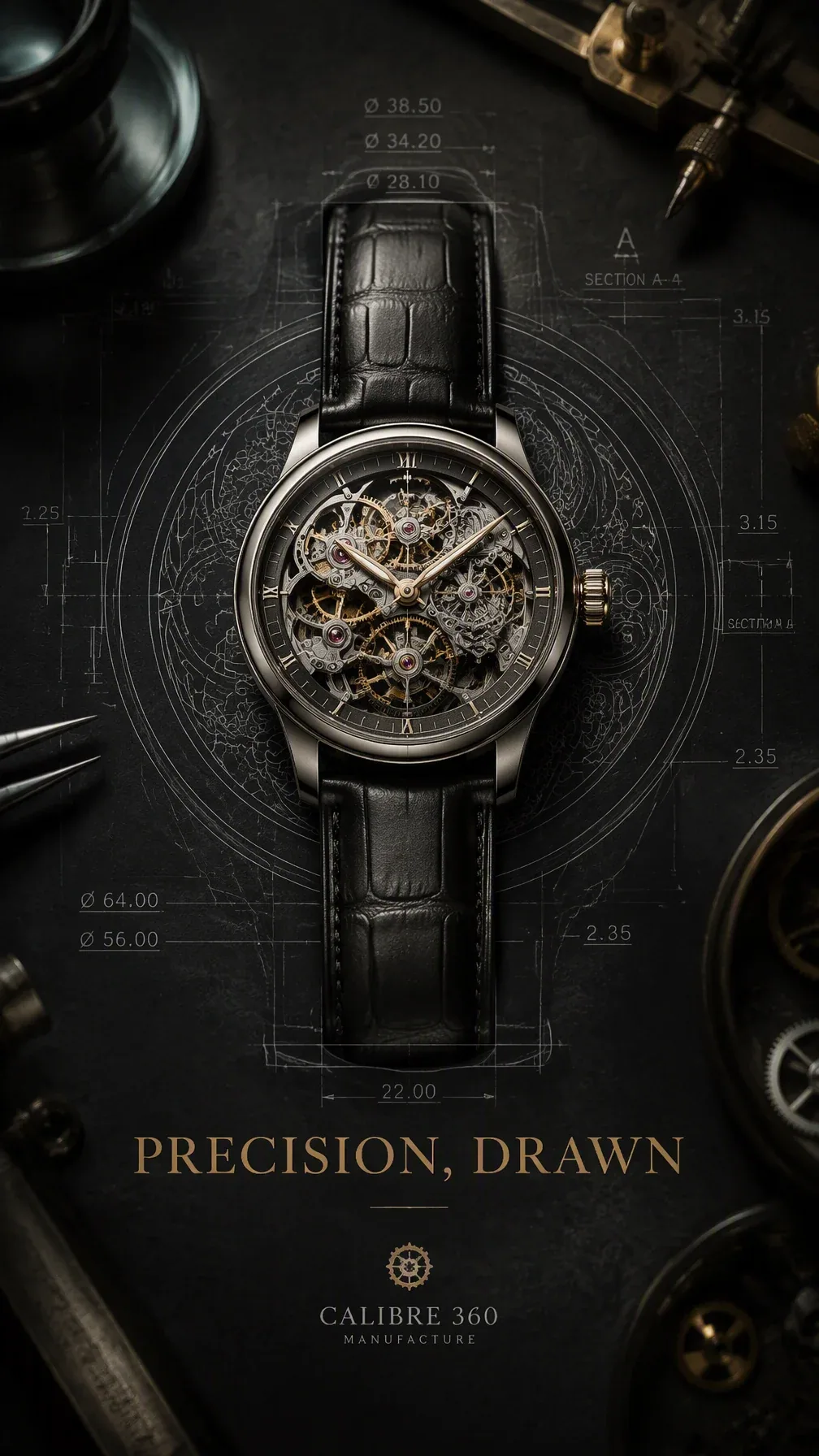 Premium 4:5 luxury watch advertising poster.A single mechanical watch placed on a dark work surface, while a … - AI提示词参考图，来自西西提示词