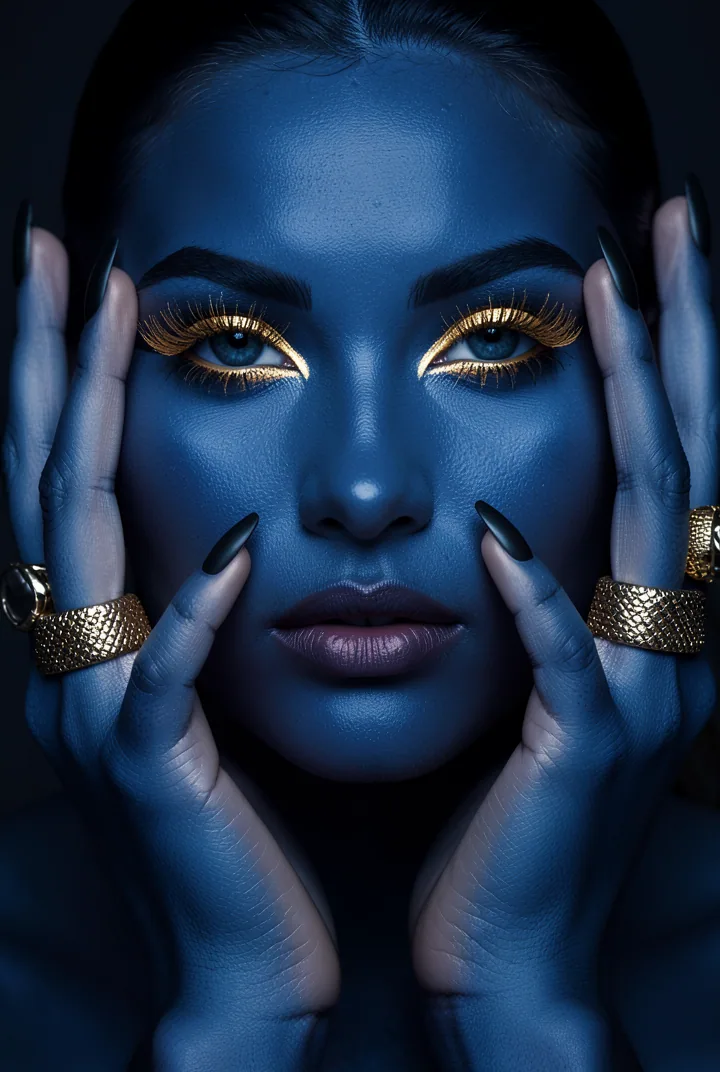 High-fashion beauty portrait, deep blue-toned skin, thick metallic gold eyelashes, hands framing face, matte … - AI prompt reference from CC Prompt Galaxy