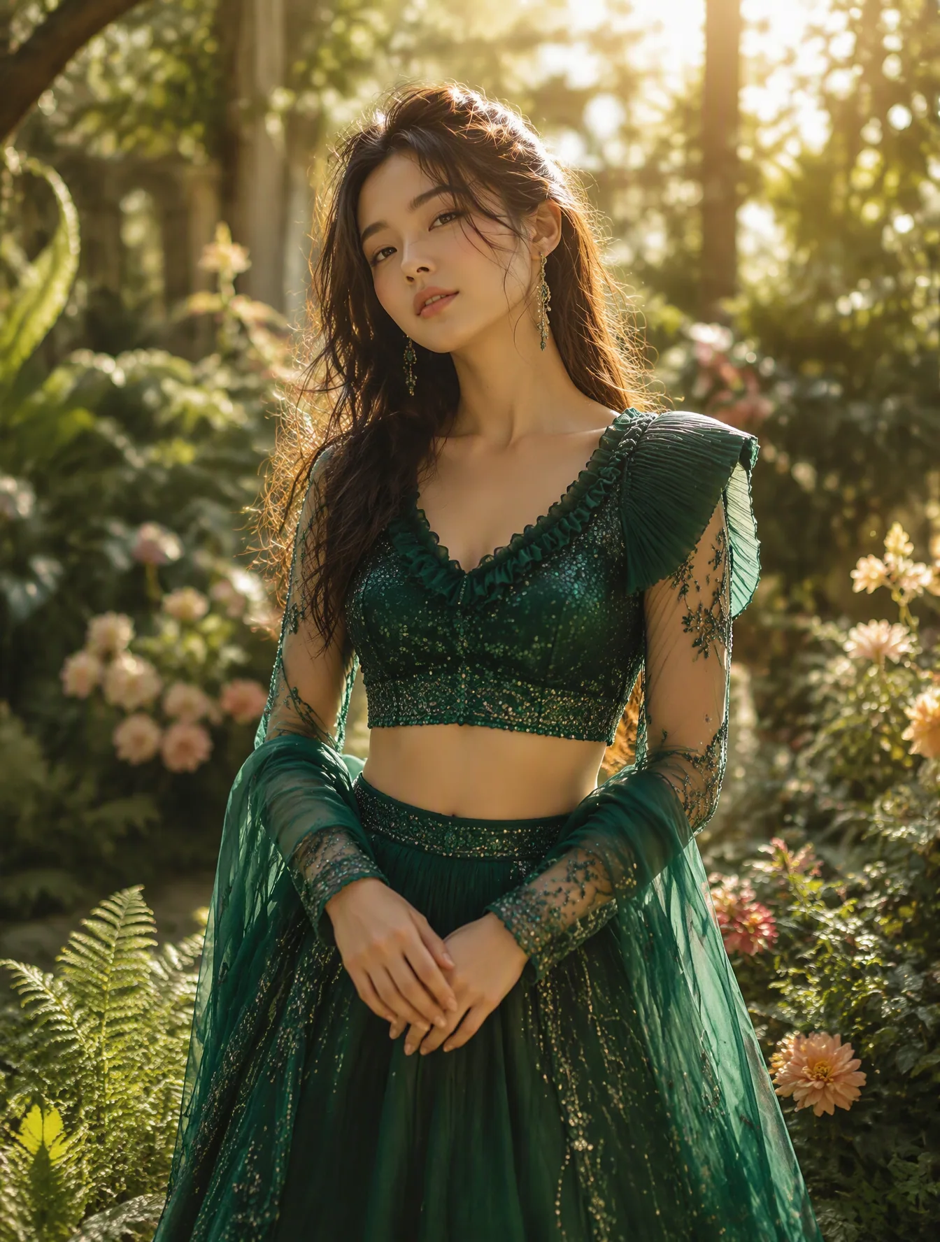 A poised young woman stands in a lush botanical garden, facing the camera with a calm half-smile and both han… - AI提示词参考图，来自西西提示词