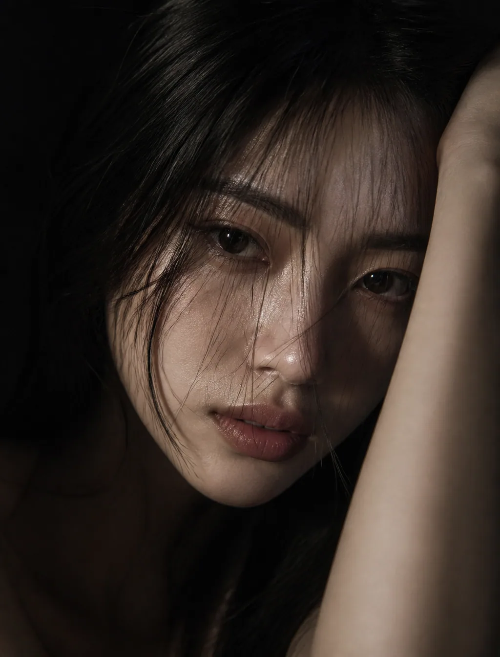 ultra-realistic close-up portrait of a beautiful young woman with long straight dark hair, messy strands fall… - AI提示词参考图，来自西西提示词