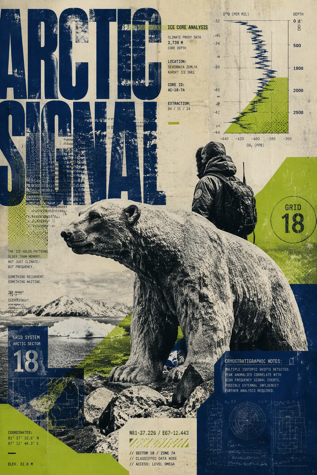 A large-format experimental poster. The central image is a high-contrast, distressed photograph of an ancient… - AI提示词参考图，来自西西提示词