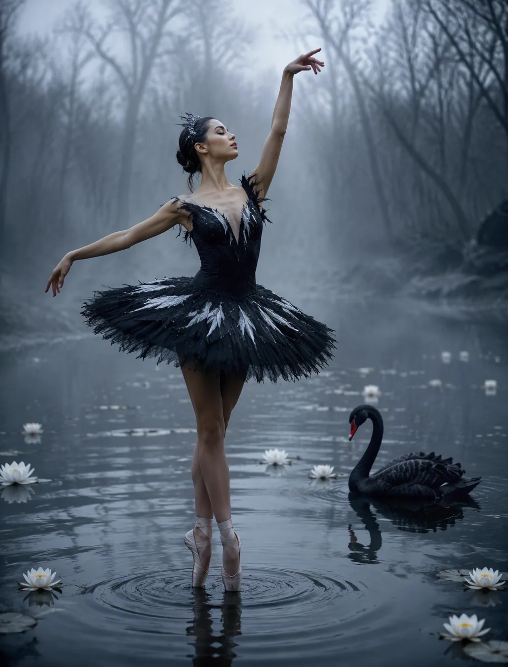 A ballerina gracefully dancing in the middle of a tranquil body of water surrounded by a misty forest. She we… - AI提示词参考图，来自西西提示词