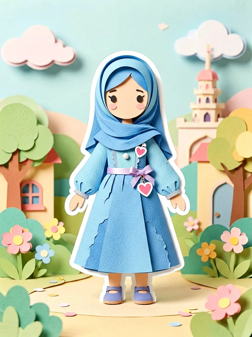 Create a Cute layered paper-cut art style illustration of a faceless cartoon girl with long hijab blue color … - AI提示词参考图，来自西西提示词