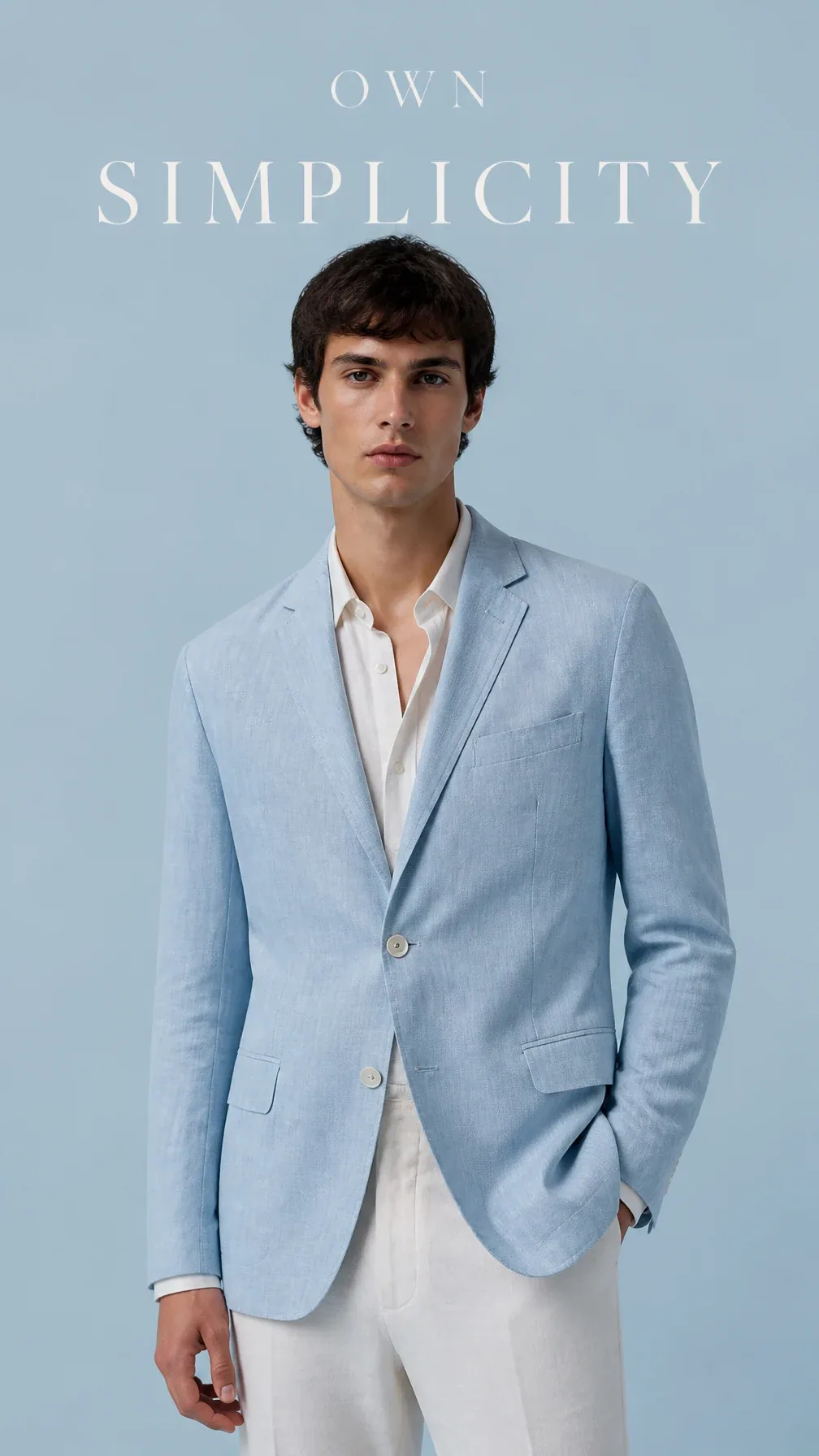 Premium fashion editorial. Main Subject: Male model wearing a soft powder-blue linen blazer. Pose: One hand l… - AI prompt reference from CC Prompt Galaxy
