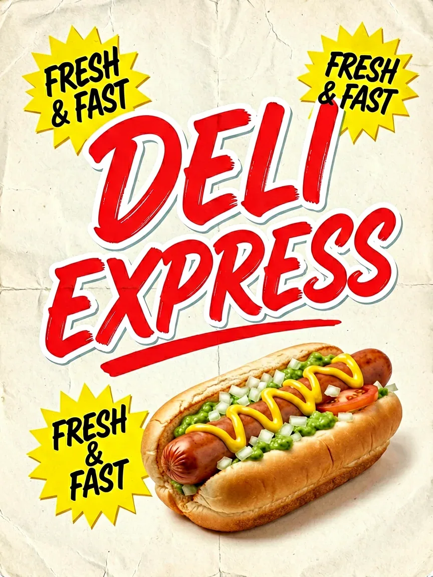 A vibrant retro fast-food advertisement poster showcasing a custom brush script display font. Bold red text r… - AI prompt reference from CC Prompt Galaxy