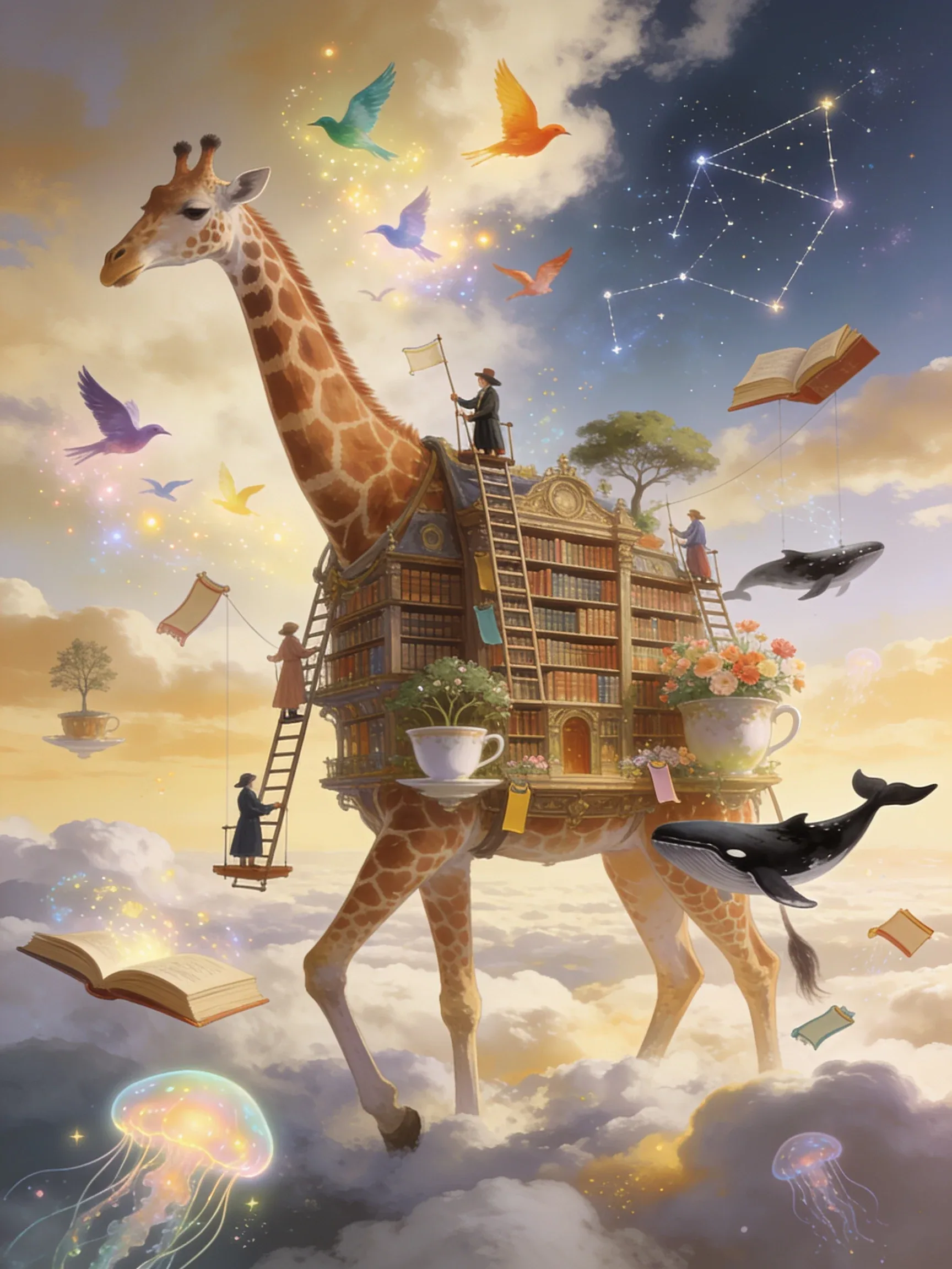 The Library Growing on a Giraffe A giant giraffe quietly walks across endless clouds carrying an enormous Vic… - AI提示词参考图，来自西西提示词