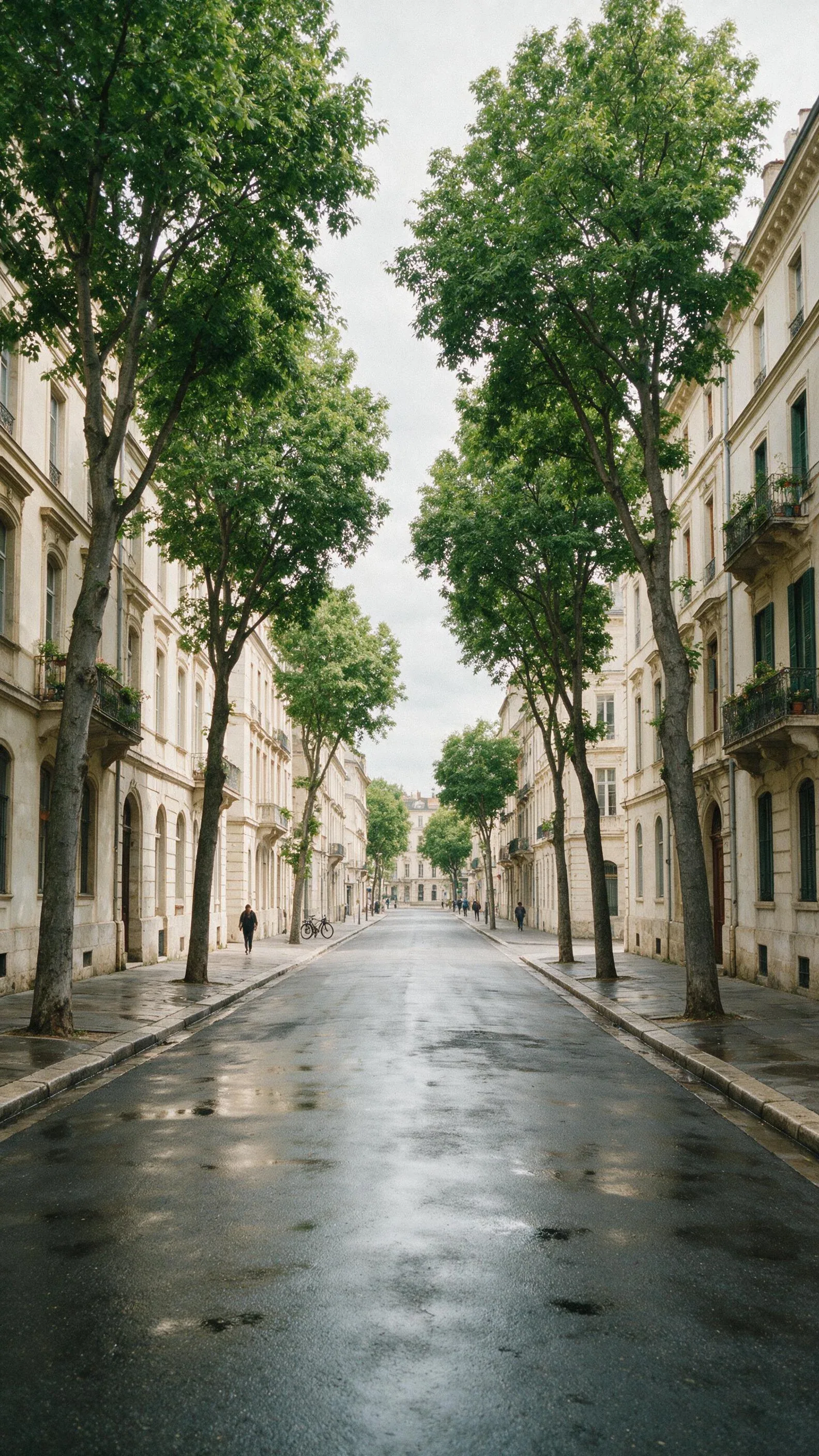 Ultra realistic urban street photography of a quiet European style city avenue just after rainfall, viewed fr… - AI提示词参考图，来自西西提示词