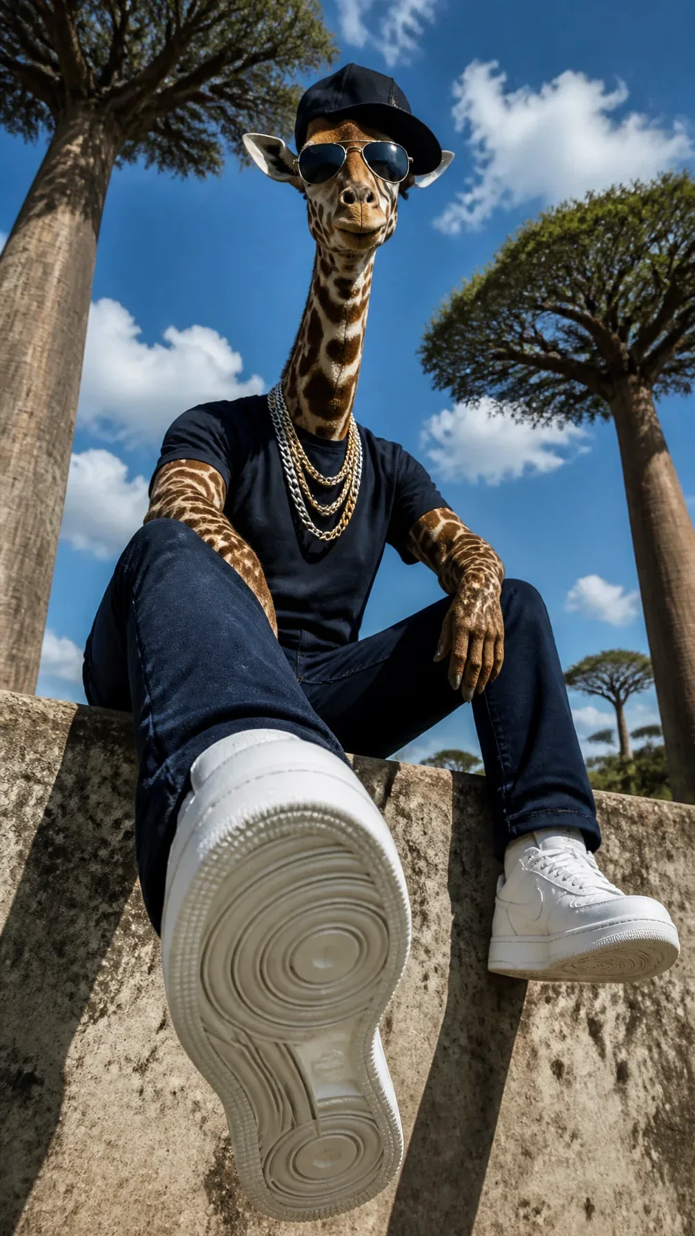 From a dramatic low-angle perspective looking upward, a tall giraffe sits casually on a weathered concrete le… - AI提示词参考图，来自西西提示词