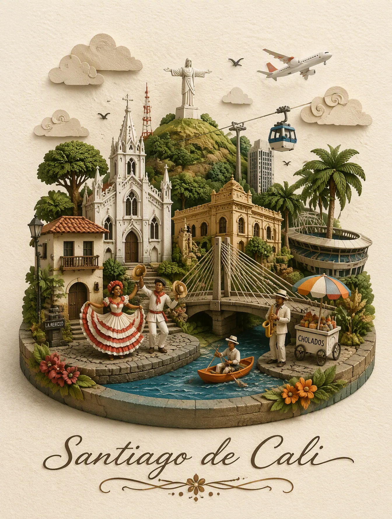 Create a charming miniature 3D papercraft and clay-diorama illustration of Cali Colombia on a warm off-white … - AI prompt reference from CC Prompt Galaxy