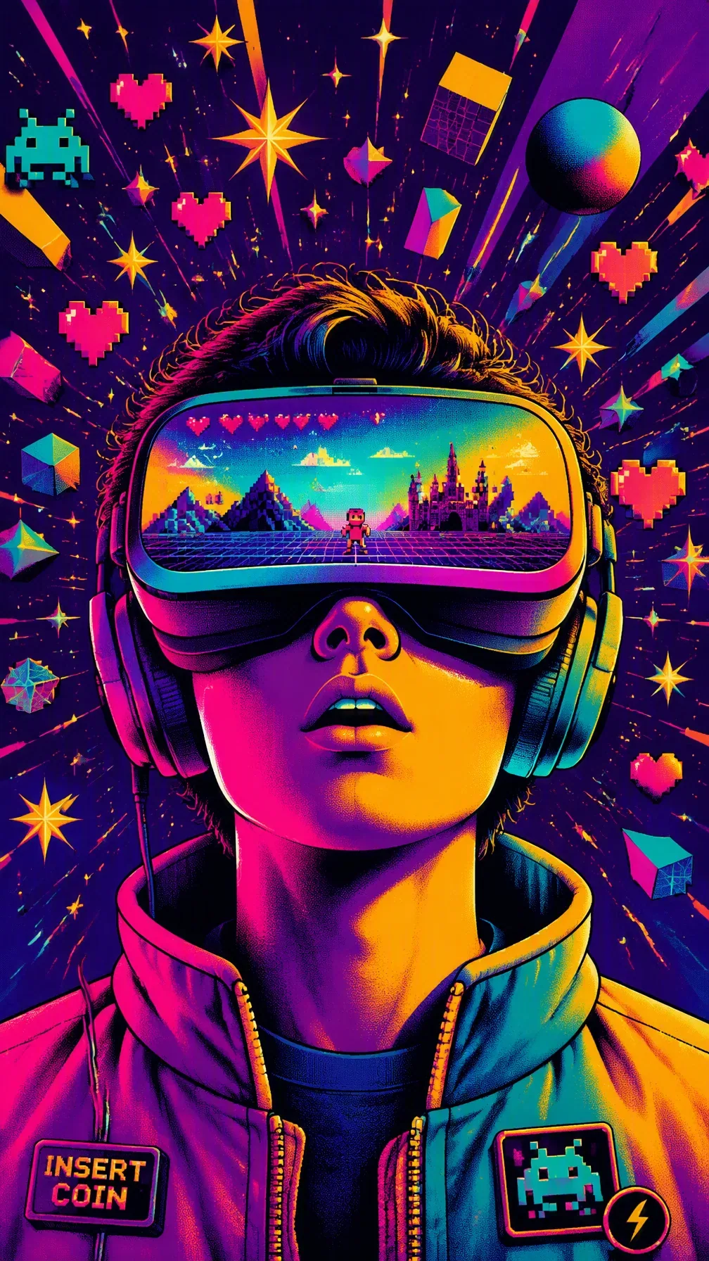 A surreal pop-art illustration of a gamer wearing a futuristic VR headset, viewed from a close-up frontal ang… - AI提示词参考图，来自西西提示词