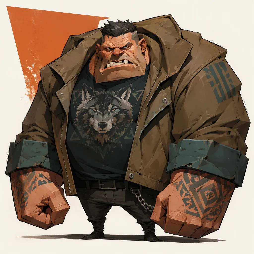 Massive top-heavy caricature built from a broad trapezoidal torso and tiny short legs; small wedge-shaped hea… - AI提示词参考图，来自西西提示词