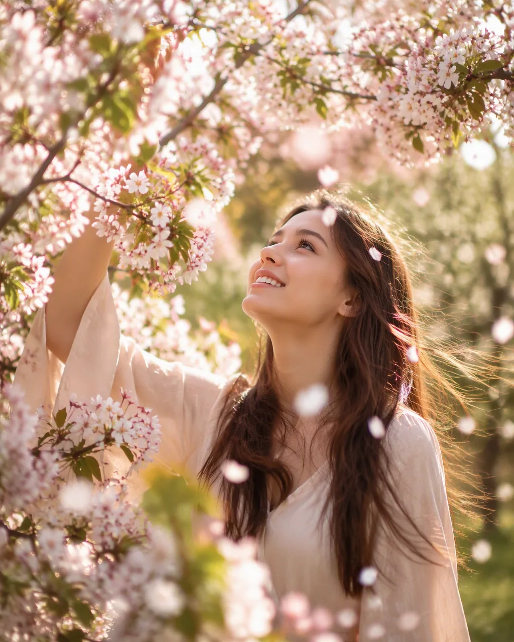 Create a hyper-realistic portrait of a young woman surrounded by flowering cherry blossom or apple trees in f… - AI提示词参考图，来自西西提示词