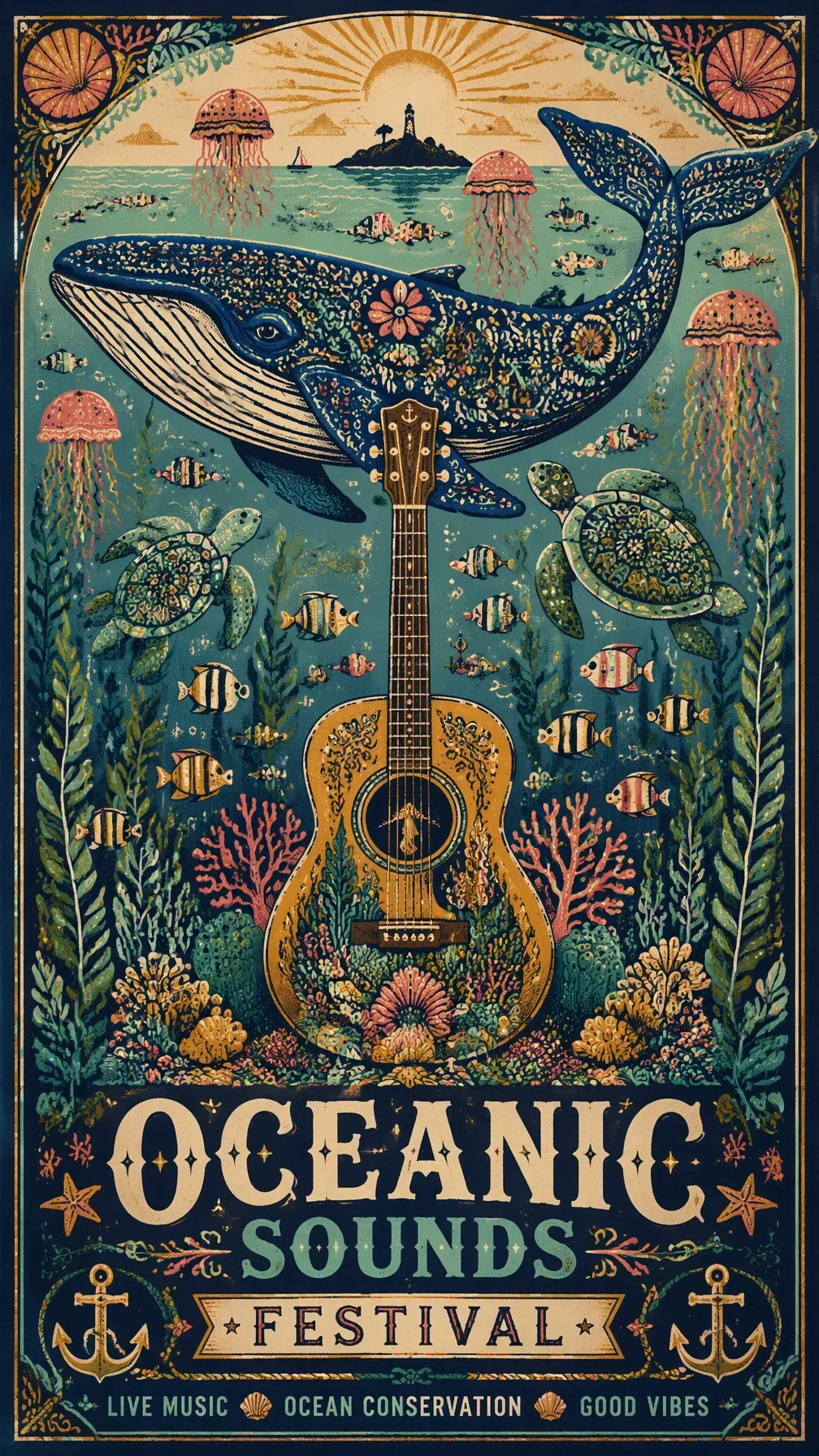 A whimsical, folk-art coastal poster illustration depicting a vibrant underwater reef full of marine life. A … - AI prompt reference from CC Prompt Galaxy