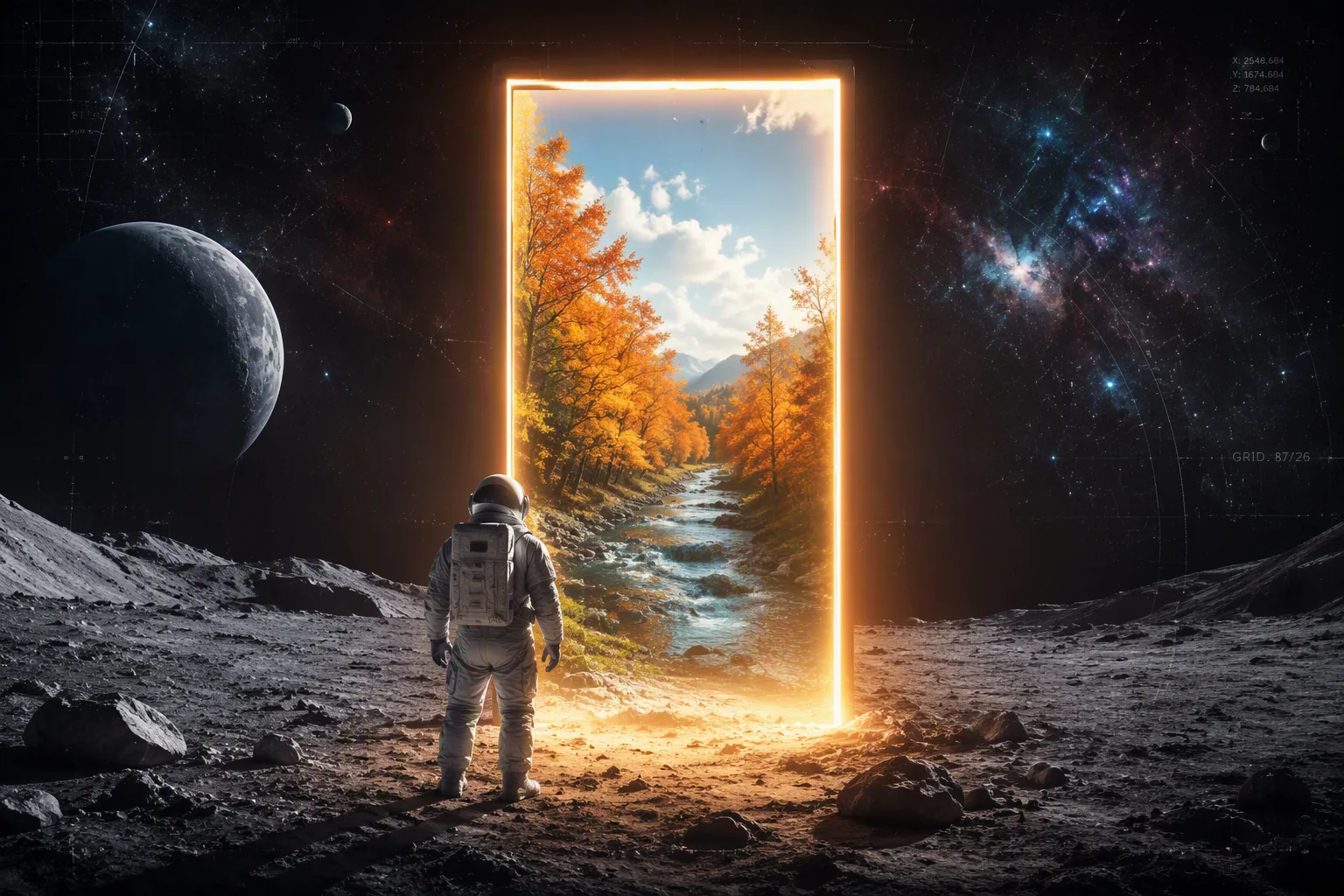 A high-impact surrealist digital wallpaper featuring a lone astronaut standing on the desolate, cratered surf… - AI prompt reference from CC Prompt Galaxy