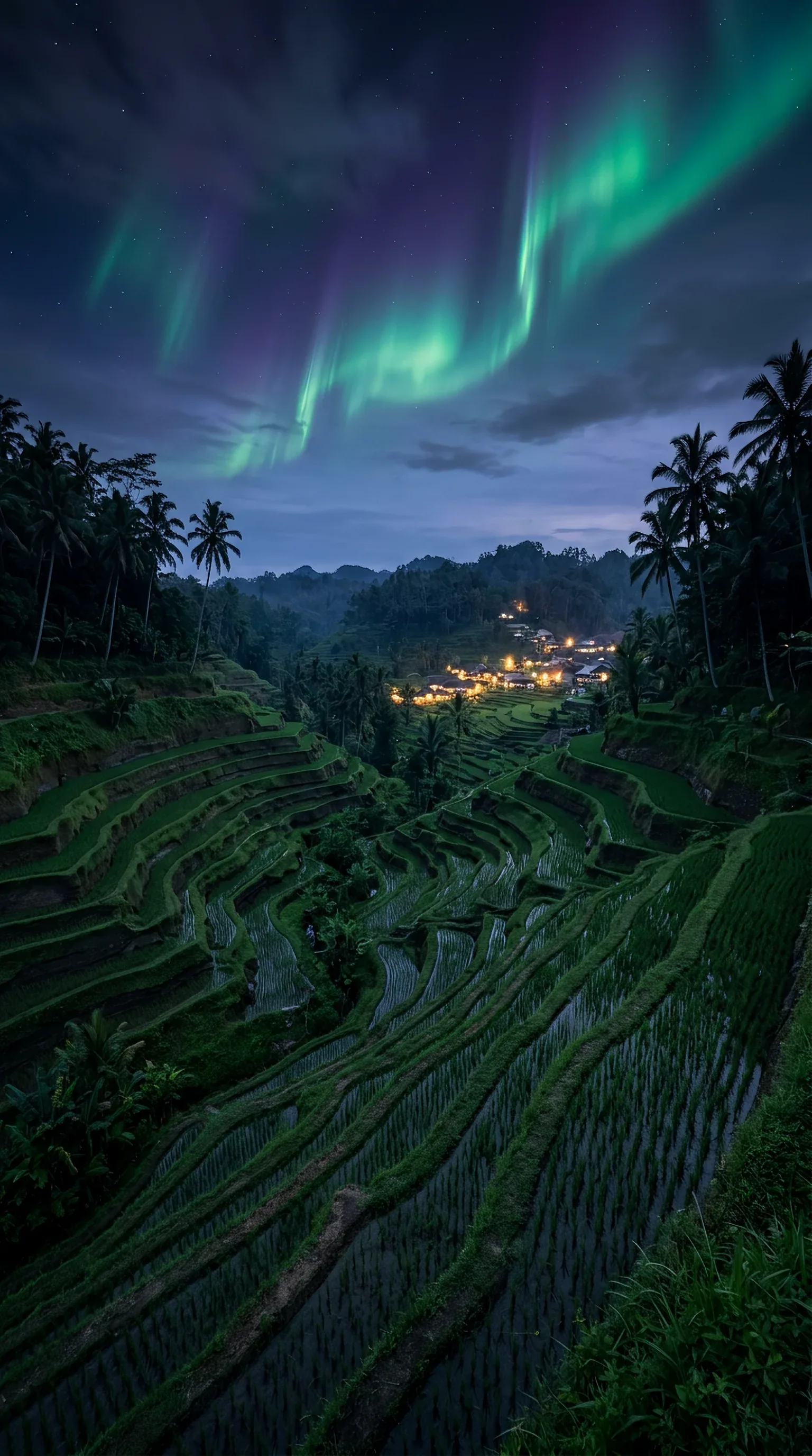 Cinematic landscape of lush Bali rice terraces at dusk, intricate layers of emerald green paddies carved into… - AI prompt reference from CC Prompt Galaxy